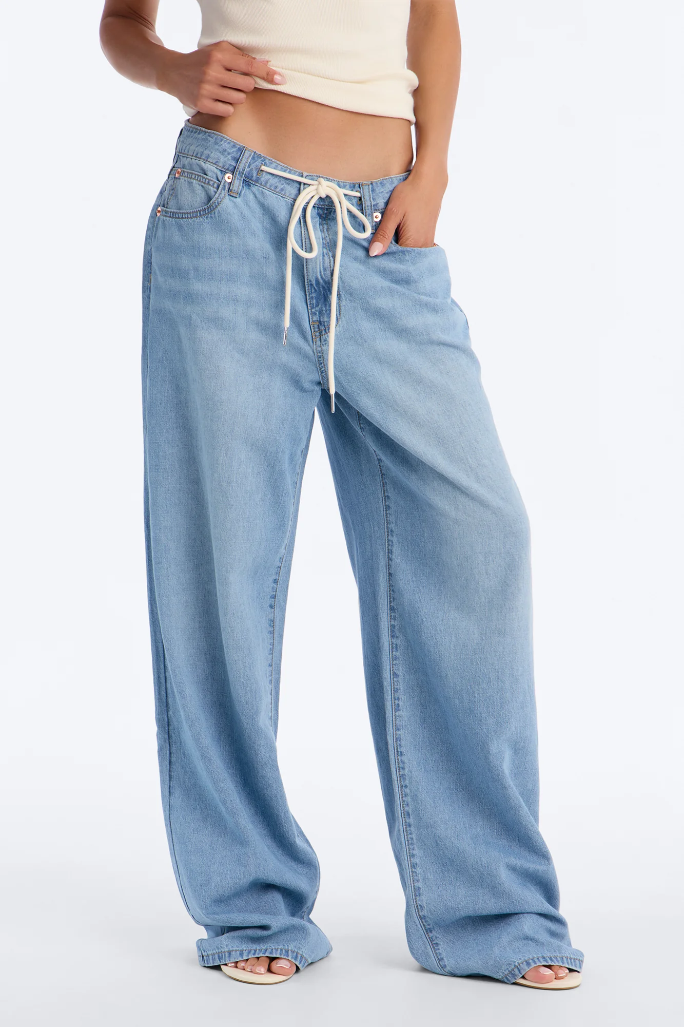 Sightseer Linen Blend Tie Waist Jeans - Light Wash - Image 2