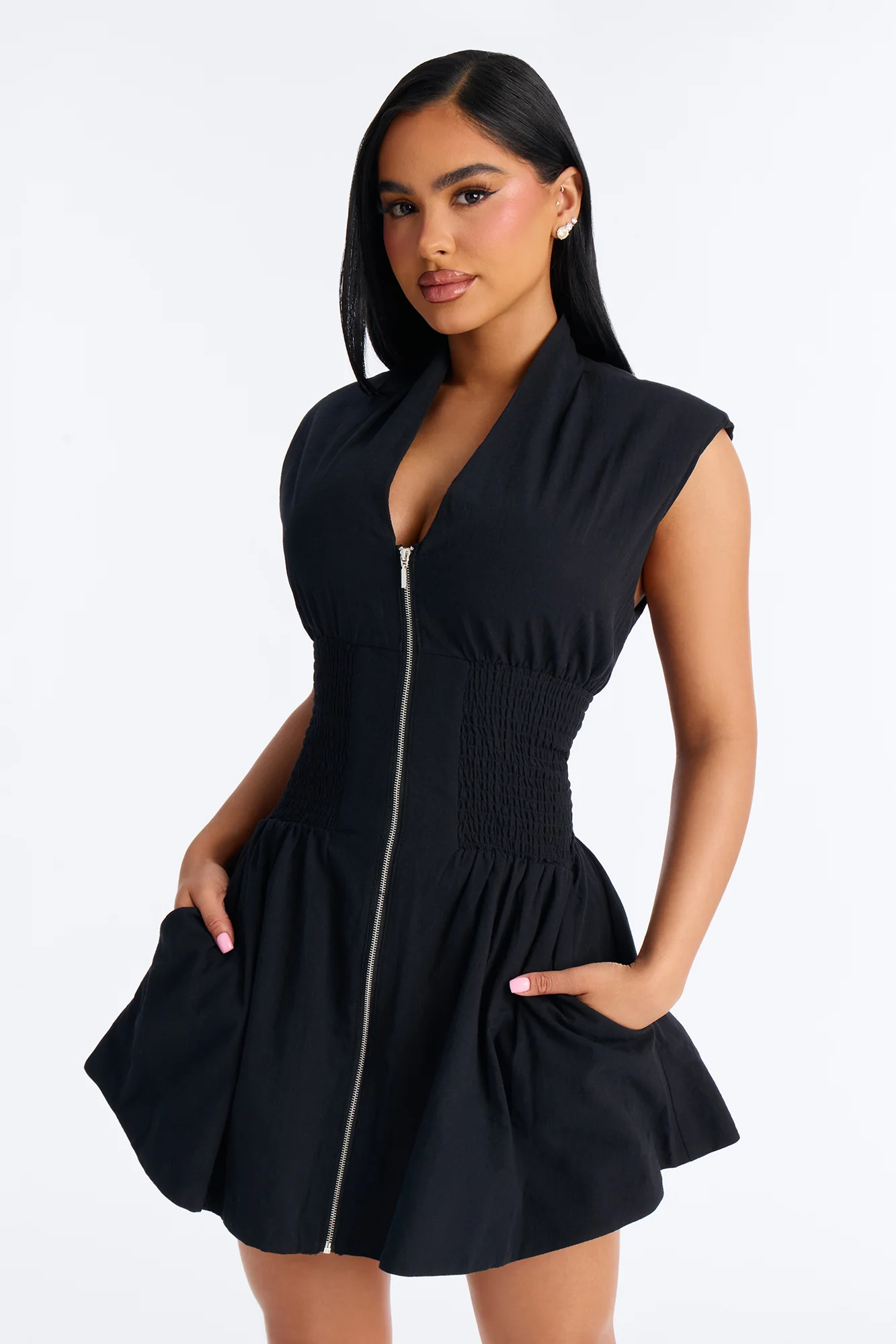 Simone Zip Front Mini Dress - Black - Image 2