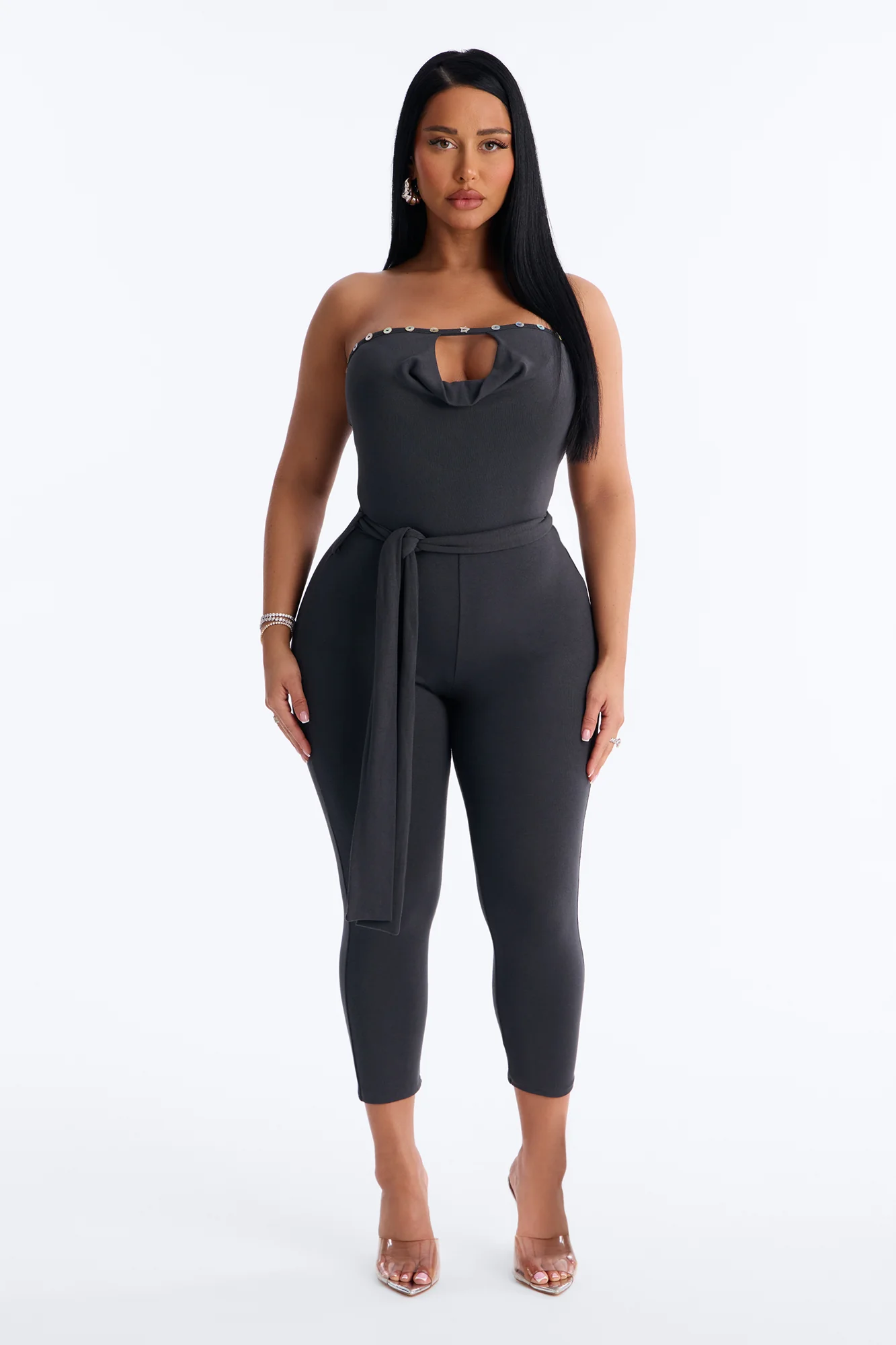 Sisi Strapless Embellished Jumpsuit - Charcoal