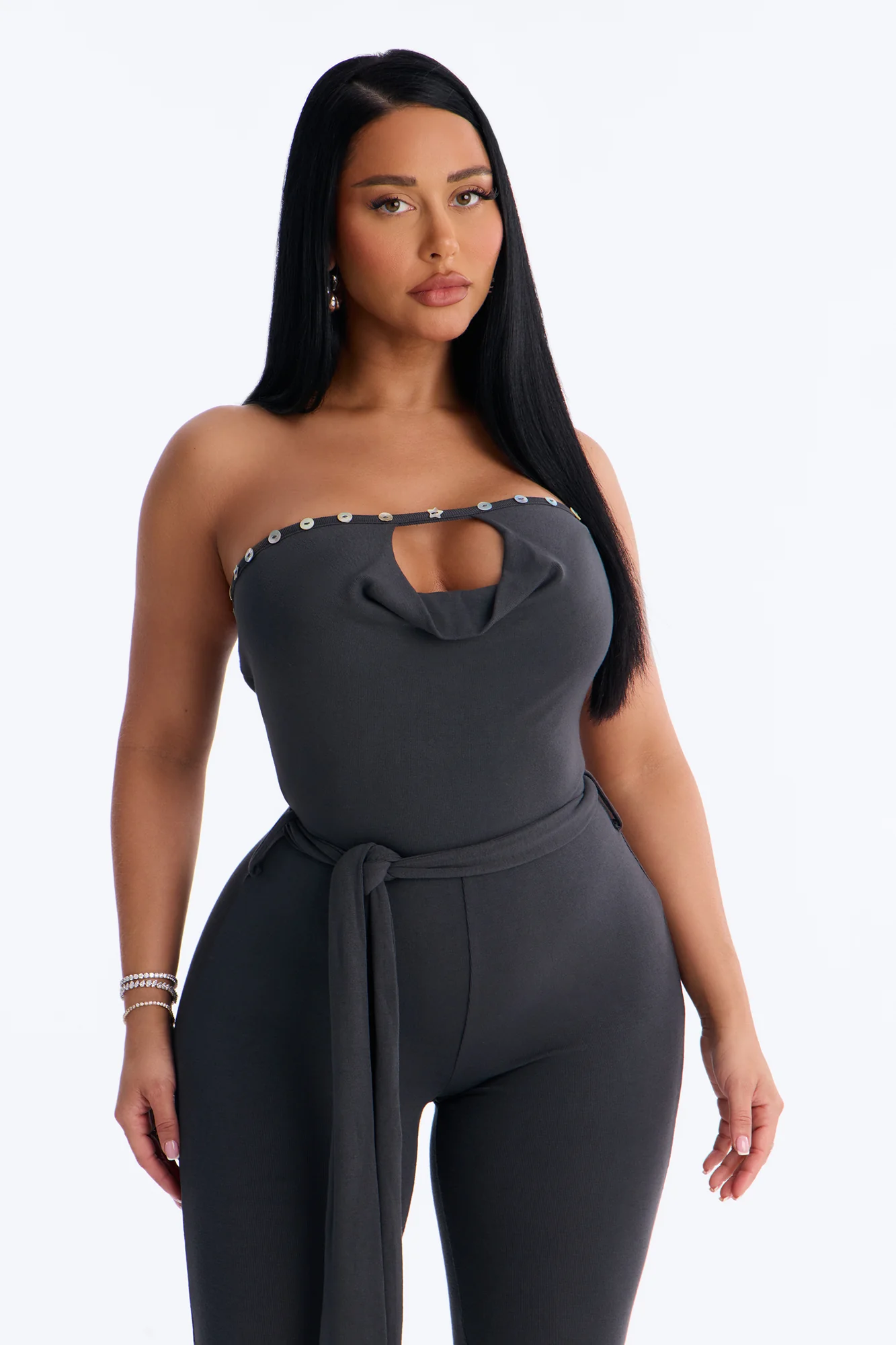 Sisi Strapless Embellished Jumpsuit - Charcoal - Image 2