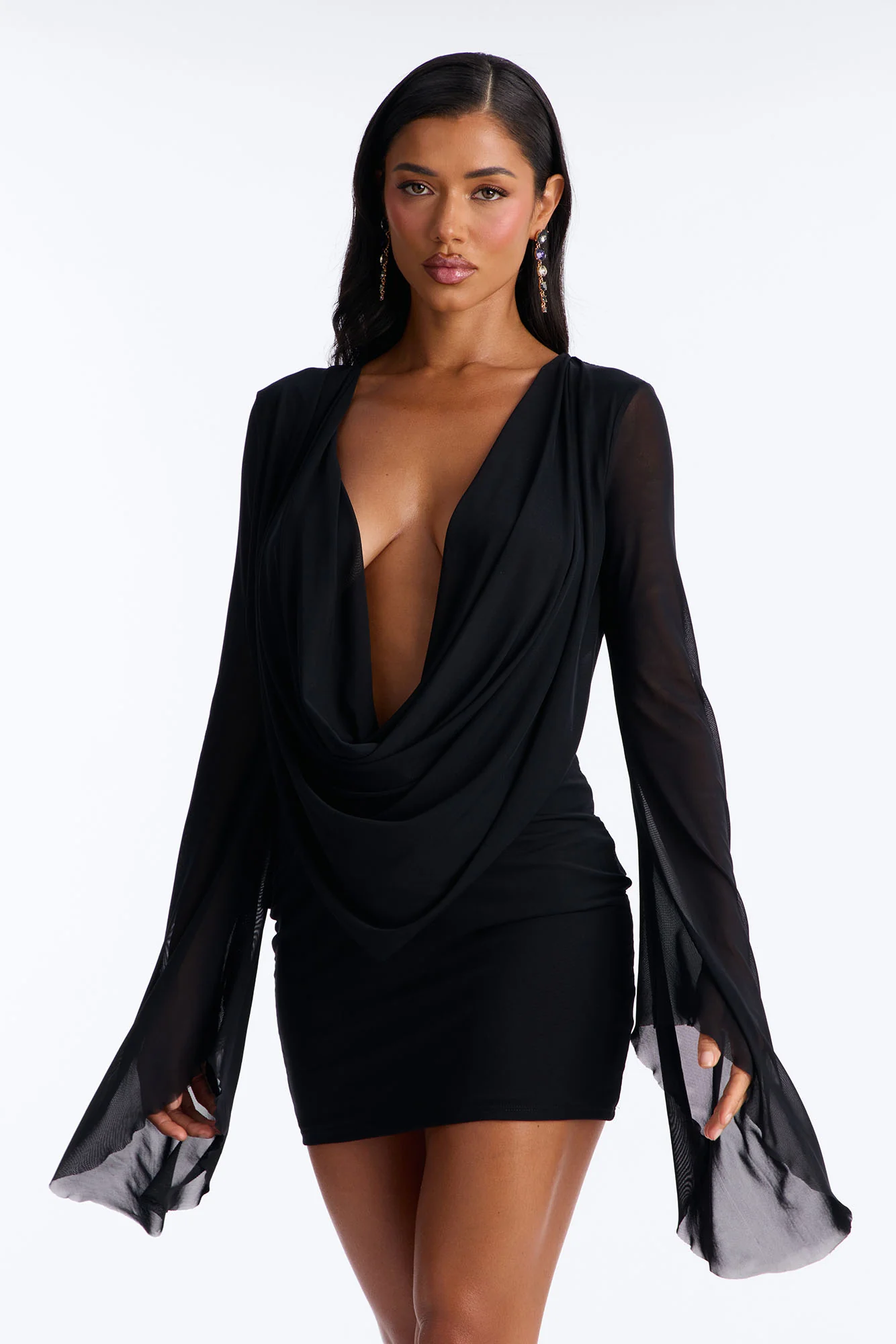 Skyler Deep Cowl Mesh Micro Mini Dress - Black - Image 2