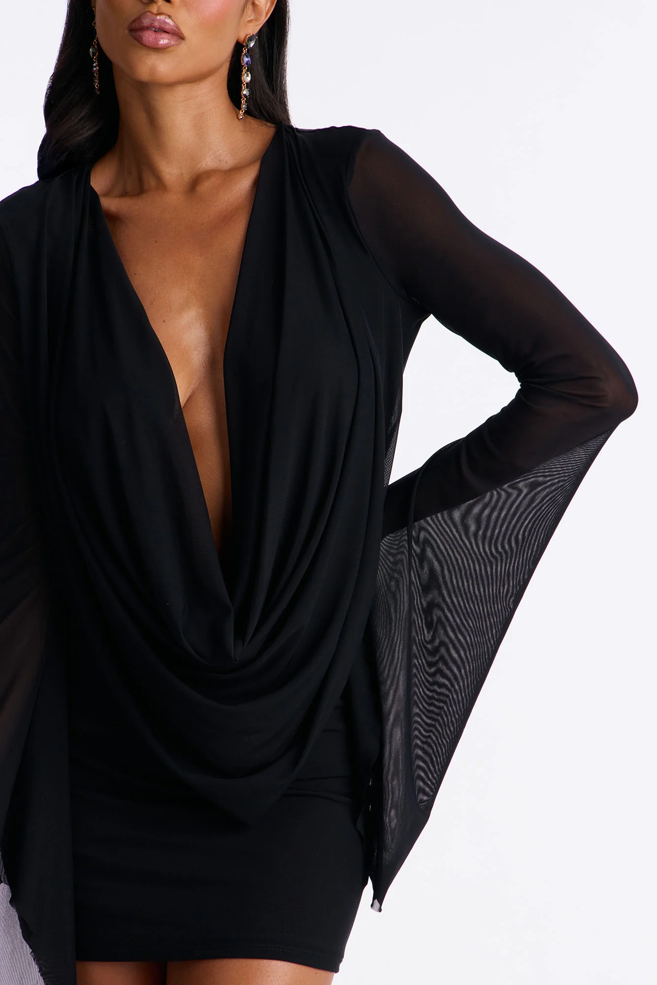 Skyler Deep Cowl Mesh Micro Mini Dress - Black - Image 3