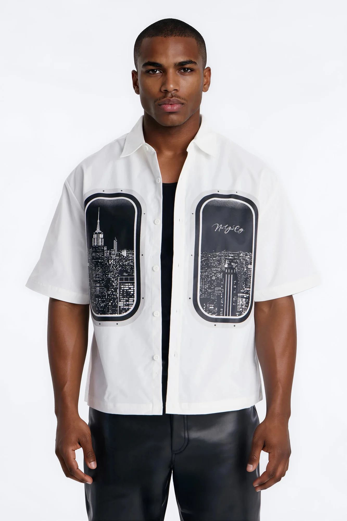 Skyline Views Short Sleeve Button Up Shirt - White
