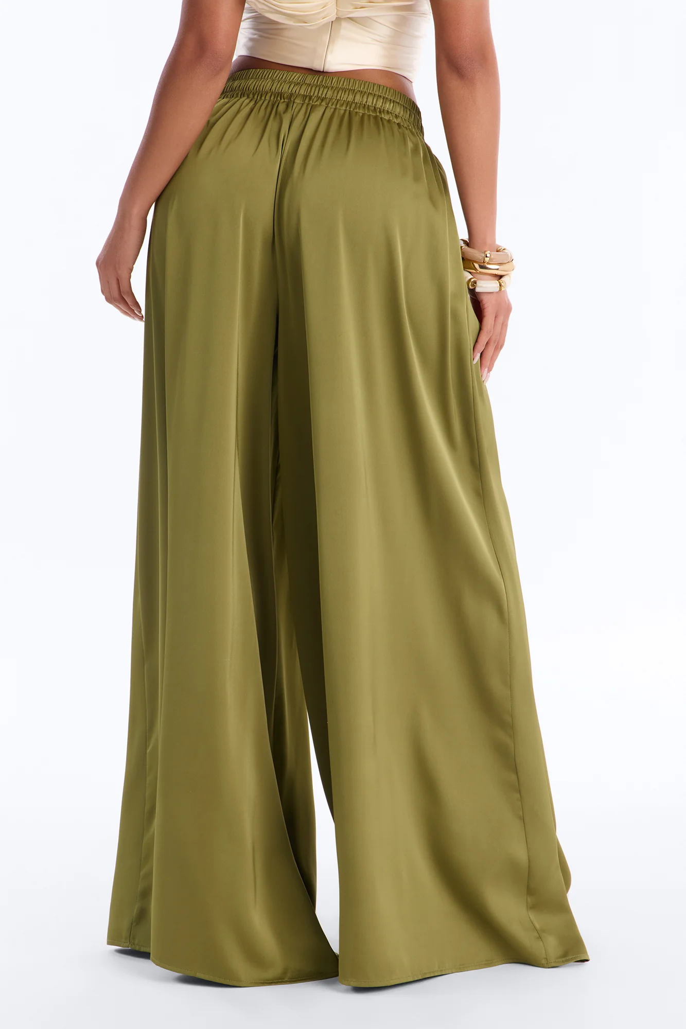 Slay All Night Wide Leg Satin Pant 33″ - Olive - Image 4