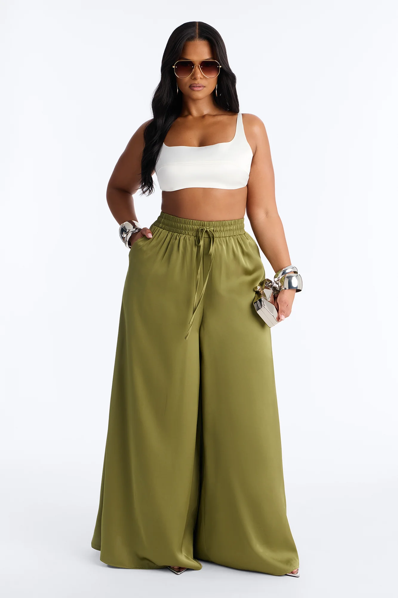 Slay All Night Wide Leg Satin Pant 33″ - Olive - Image 5
