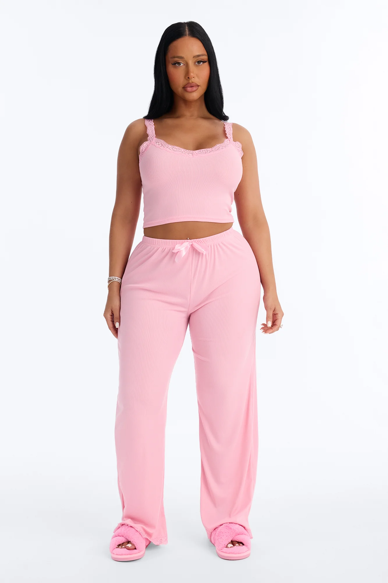 Sleep Late Ribbed PJ Pant Set - Pink