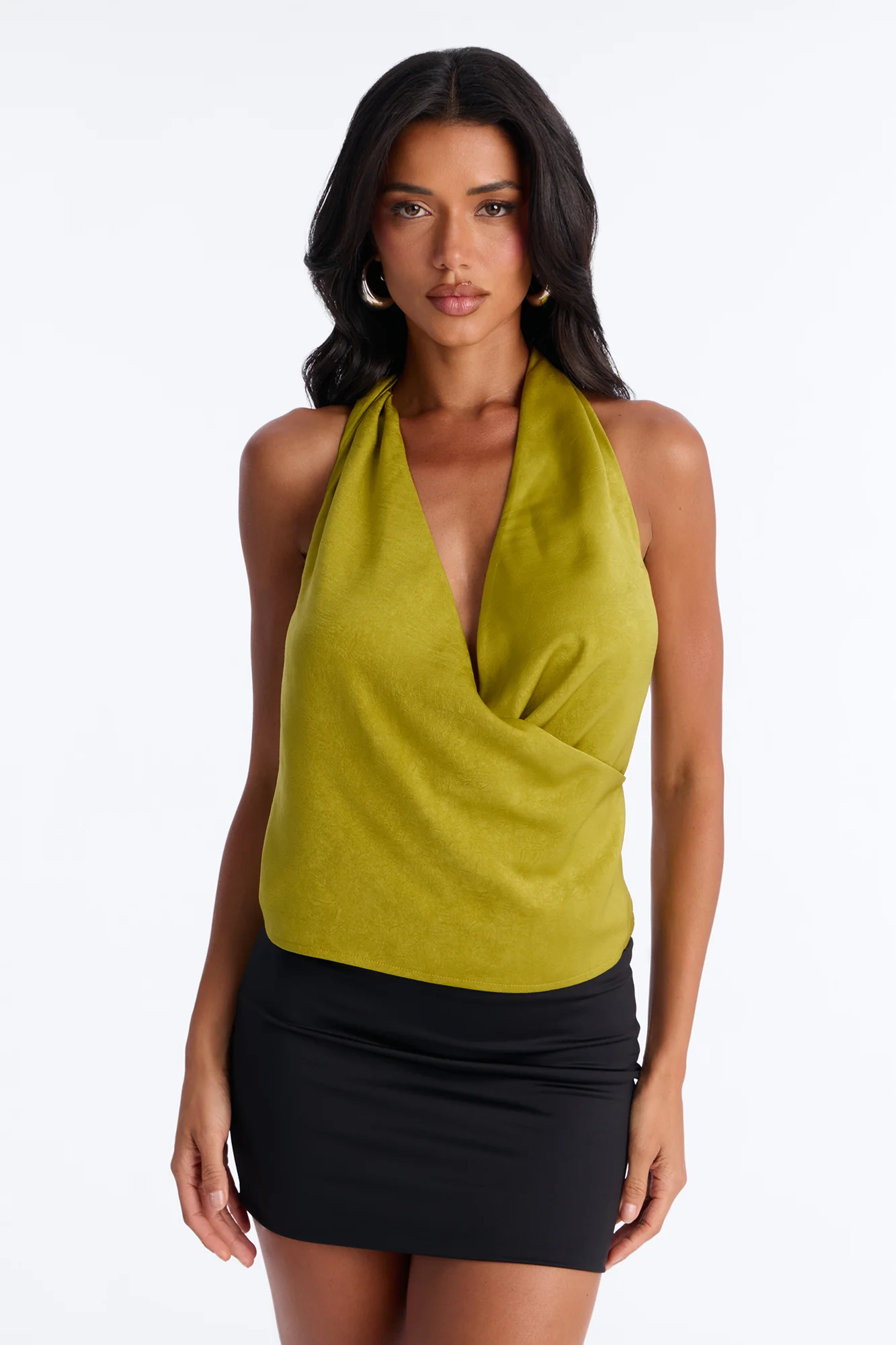 Slightly Chaotic Surplice Neck Satin Halter Top - Chartreuse
