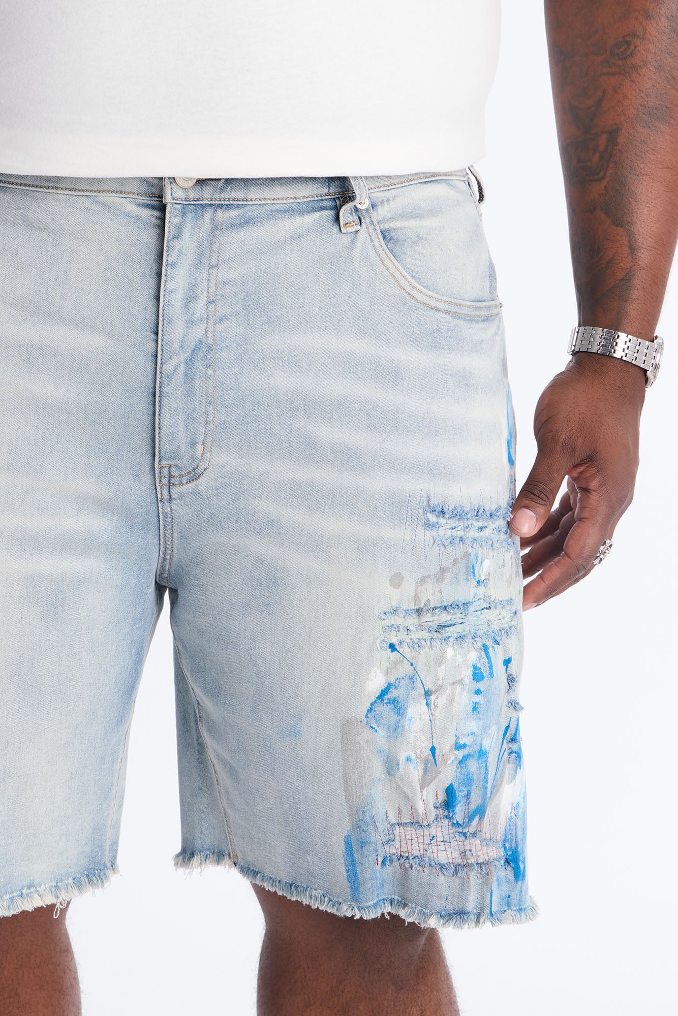 Slim Distressed Painter Denim Short - Light Wash - Image 7