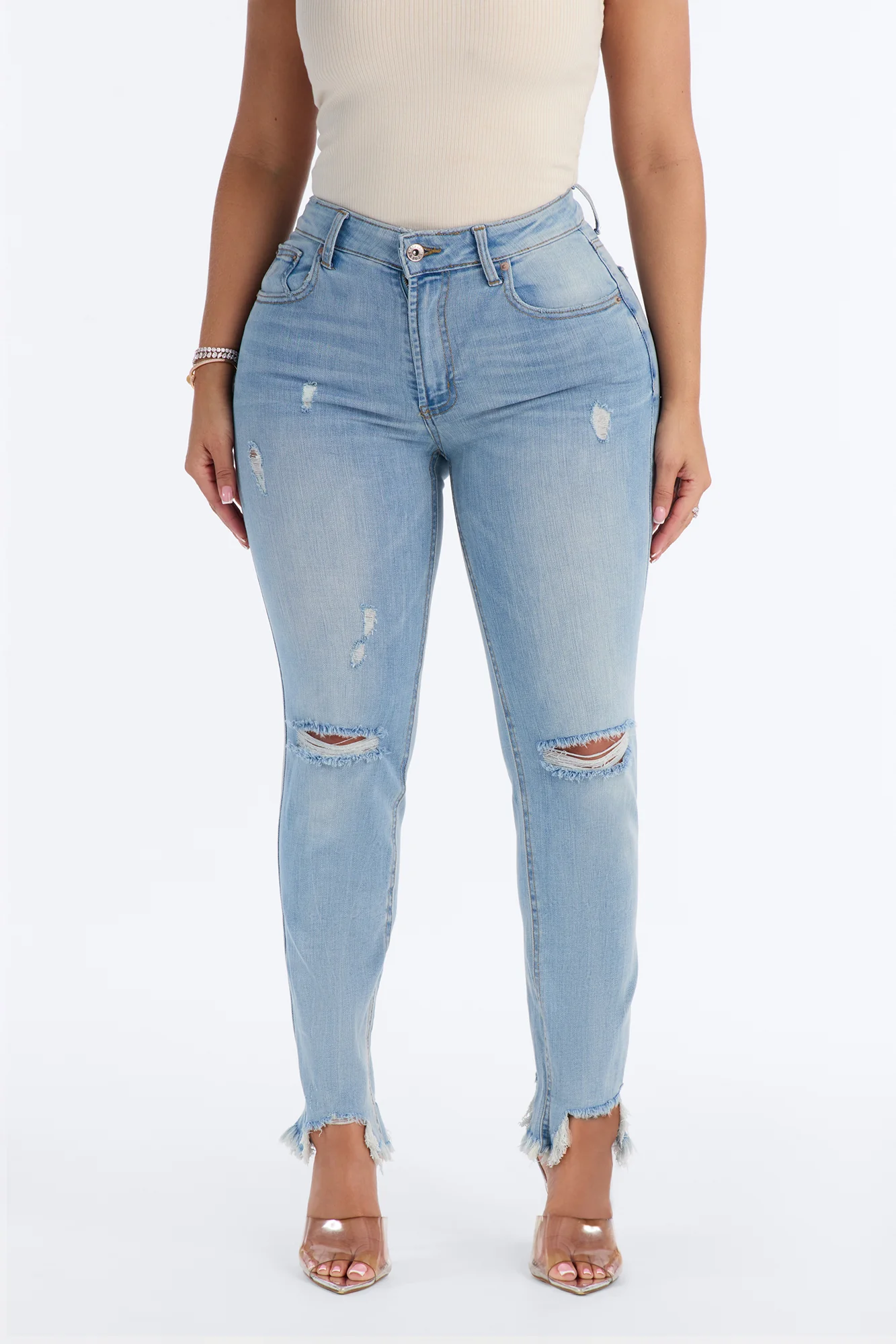 Sloane Stretch High Rise Ripped Skinny Jeans - Light Wash - Image 2