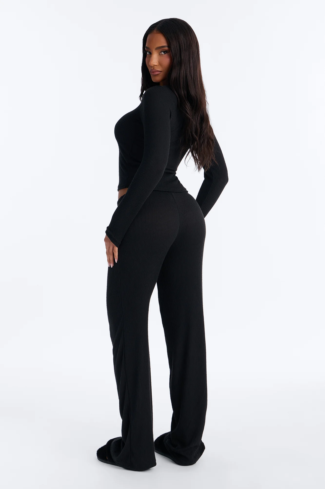Slumber Haven Ribbed Long Sleeve PJ Pant Set - Black - Image 3