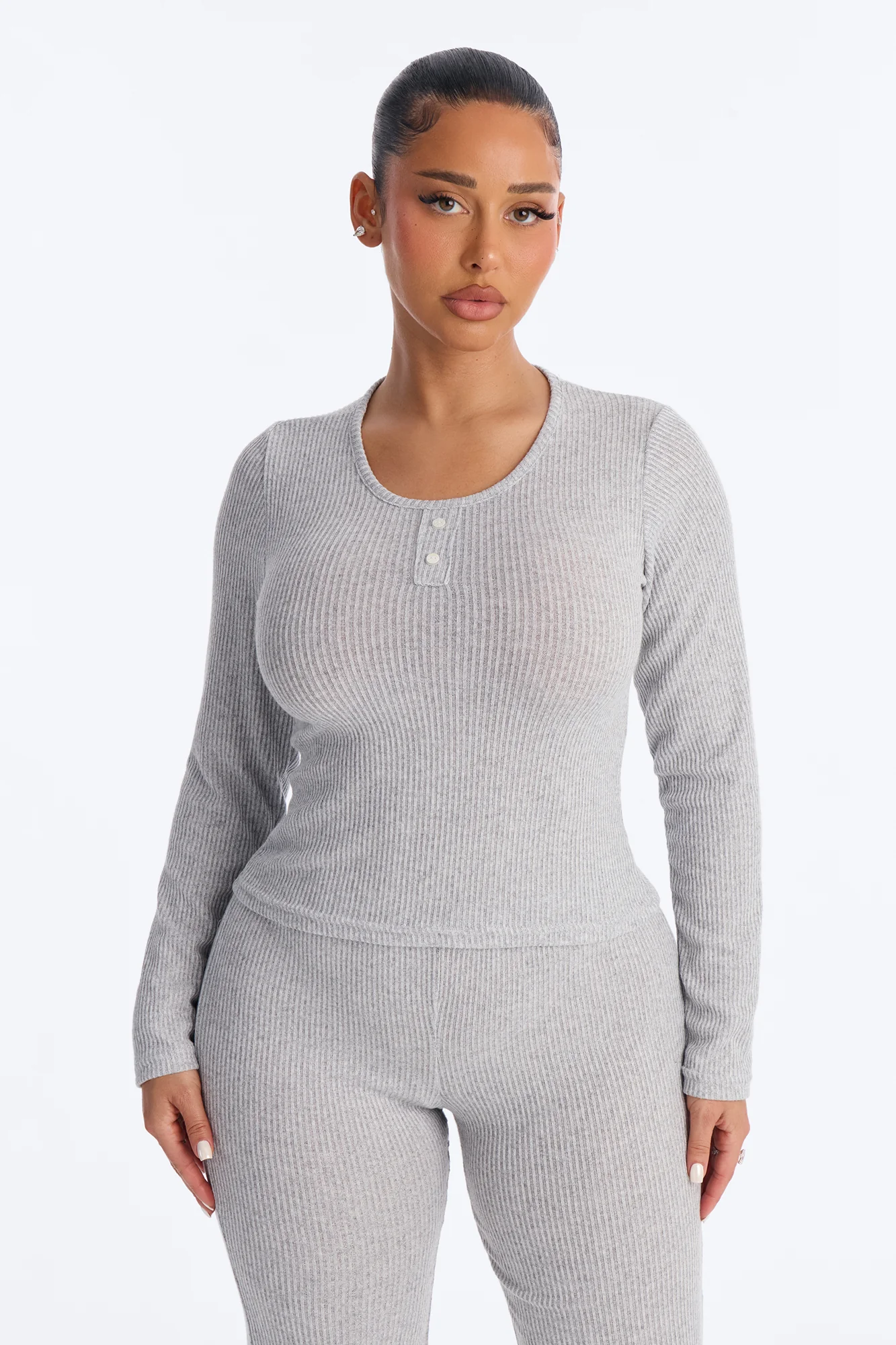 Slumber Haven Ribbed Long Sleeve PJ Pant Set - Heather Grey - Image 2