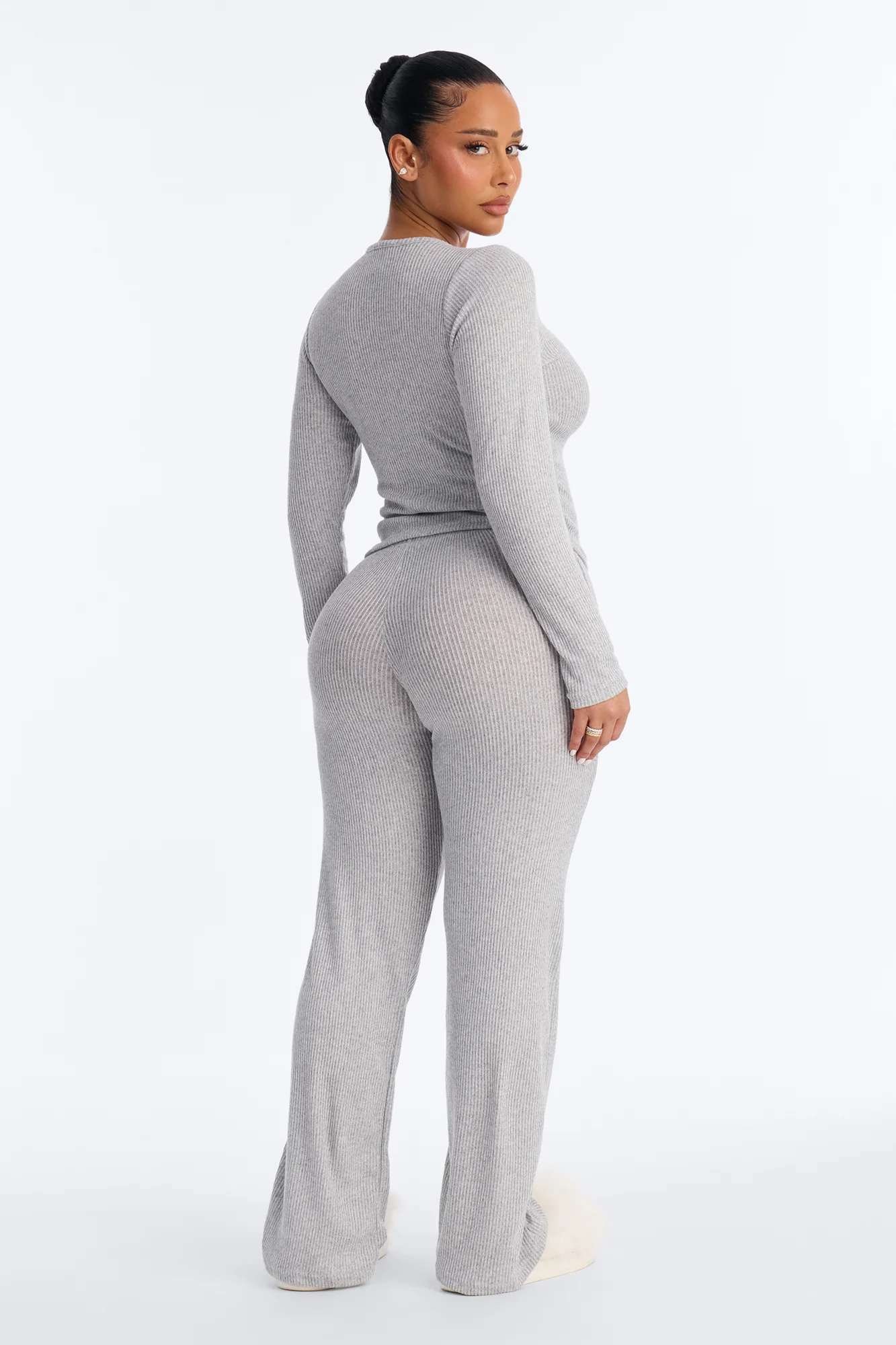 Slumber Haven Ribbed Long Sleeve PJ Pant Set - Heather Grey - Image 4