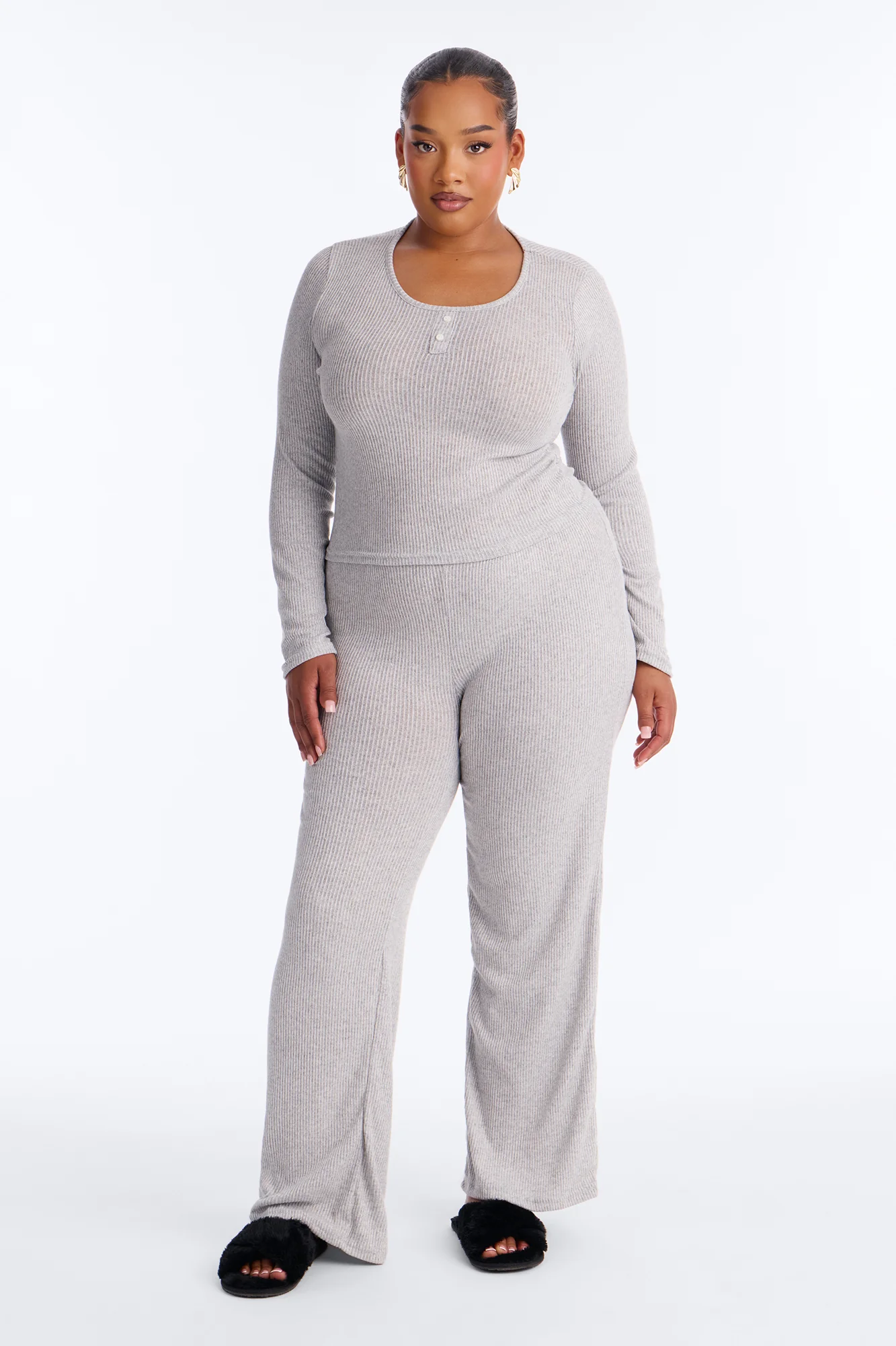 Slumber Haven Ribbed Long Sleeve PJ Pant Set - Heather Grey - Image 5