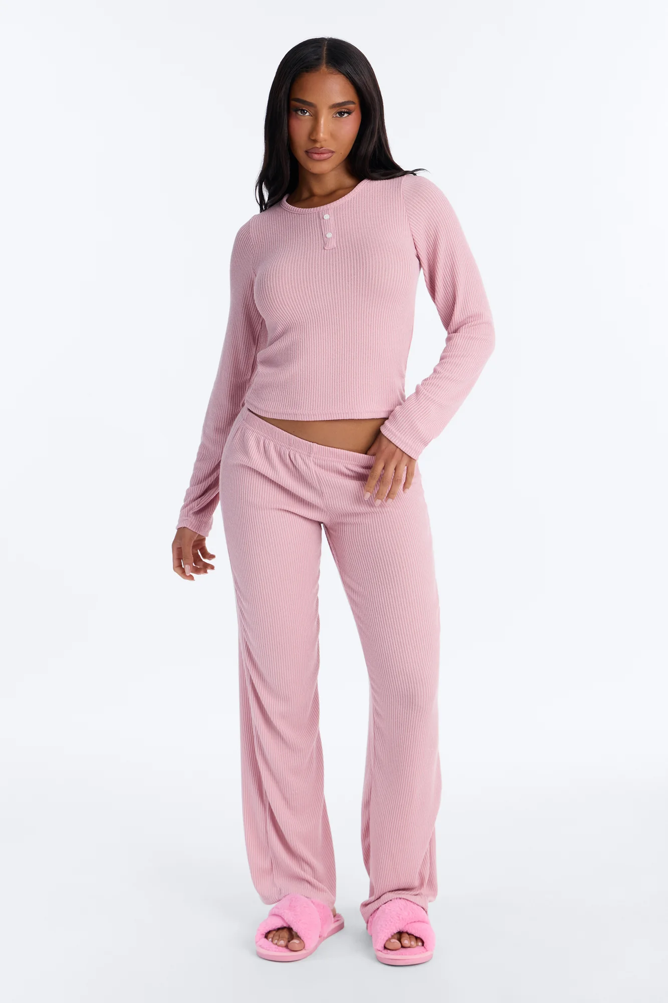 Slumber Haven Ribbed Long Sleeve PJ Pant Set - Mauve