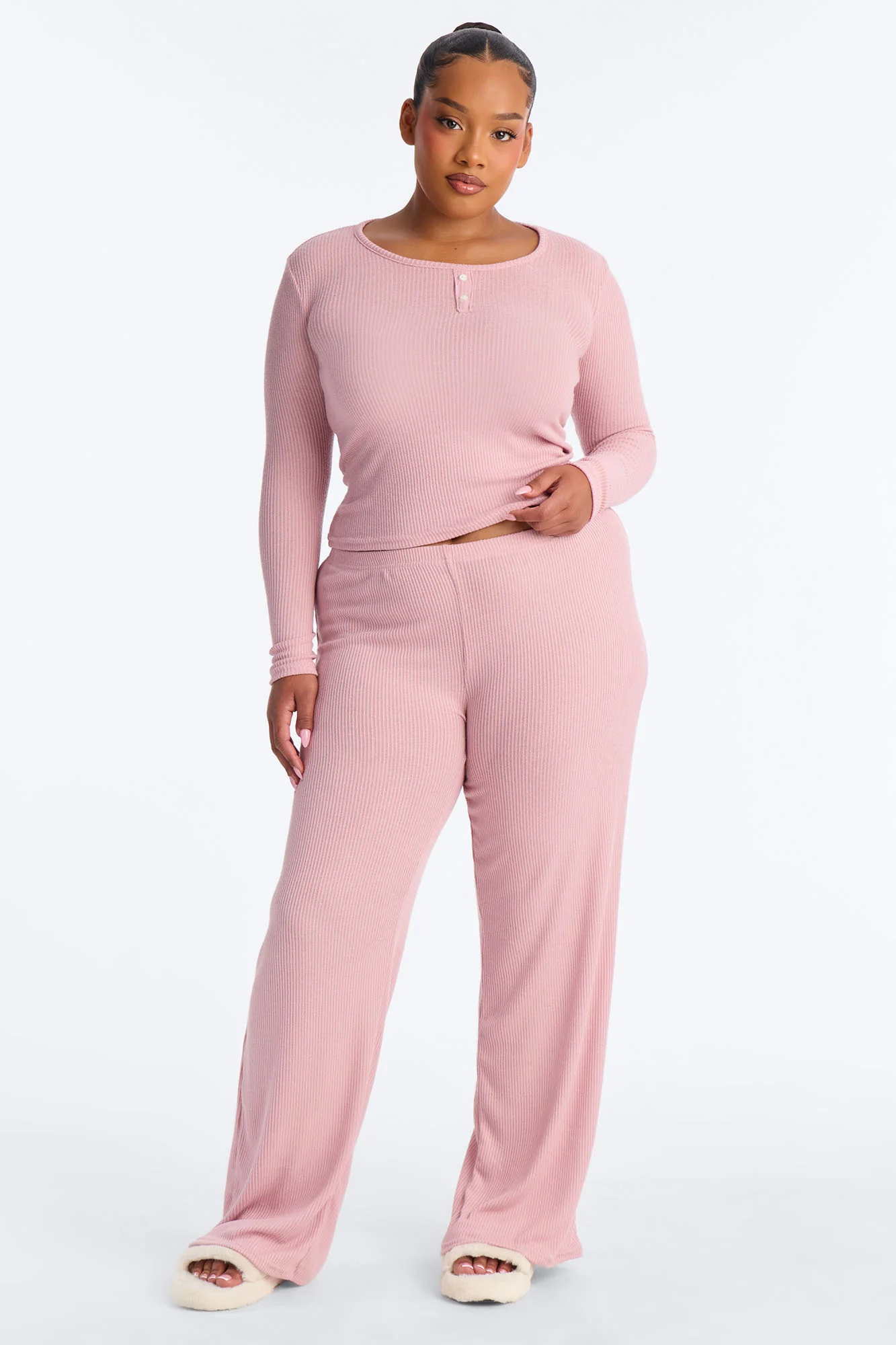 Slumber Haven Ribbed Long Sleeve PJ Pant Set - Mauve - Image 5