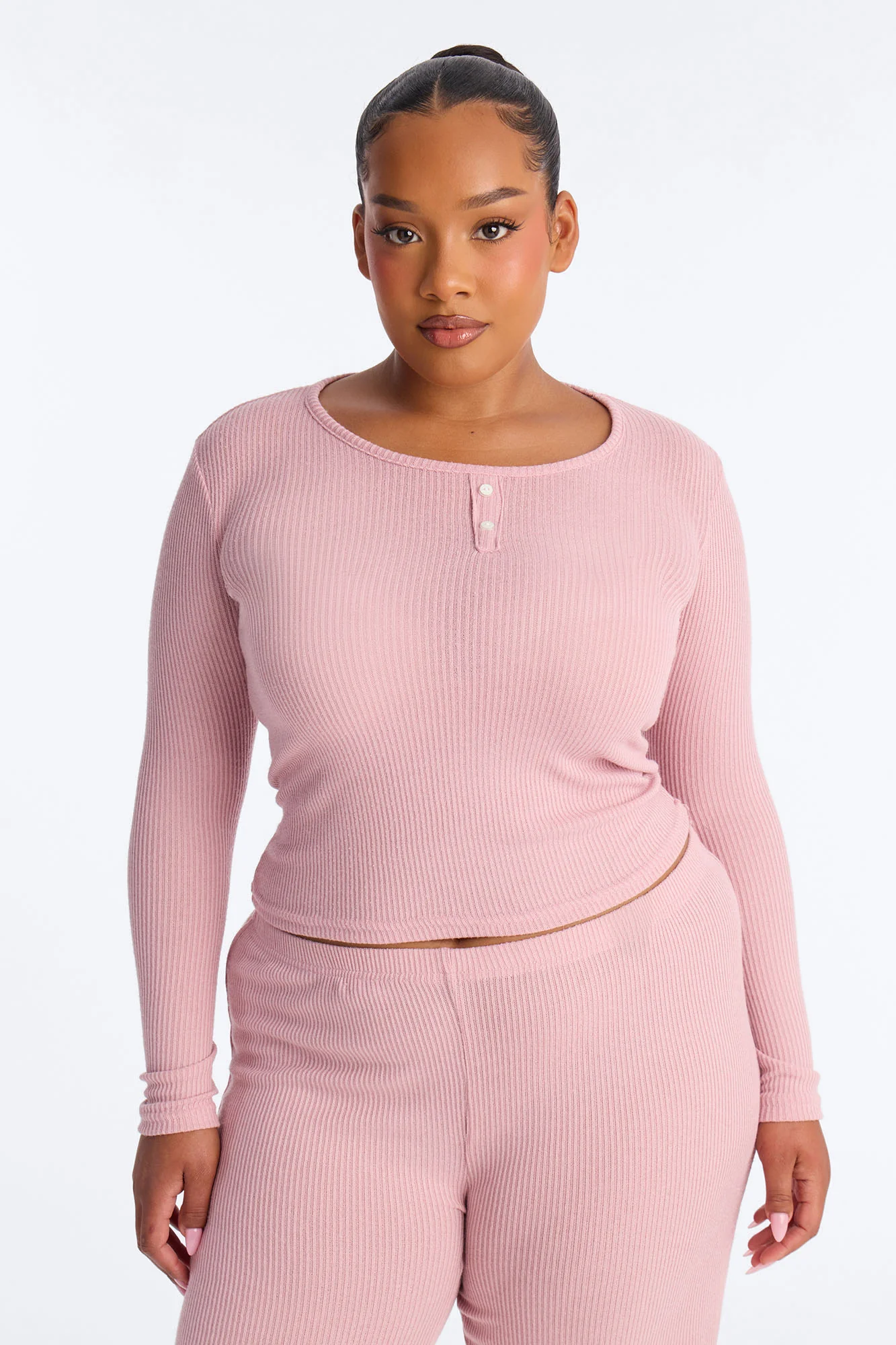Slumber Haven Ribbed Long Sleeve PJ Pant Set - Mauve - Image 6