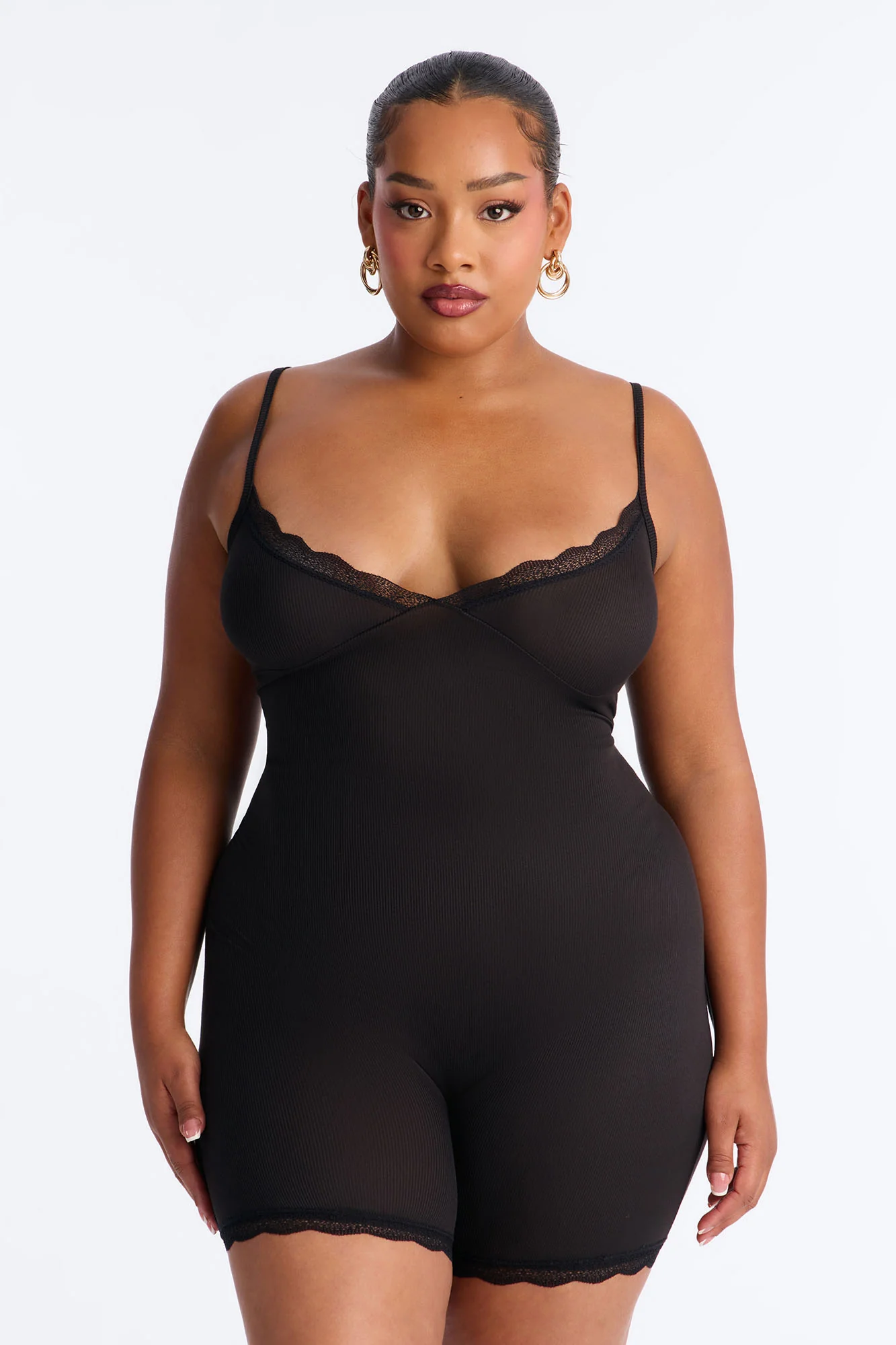 Slumber Party Cami Lace Trim PJ Romper Onesie - Black - Image 4