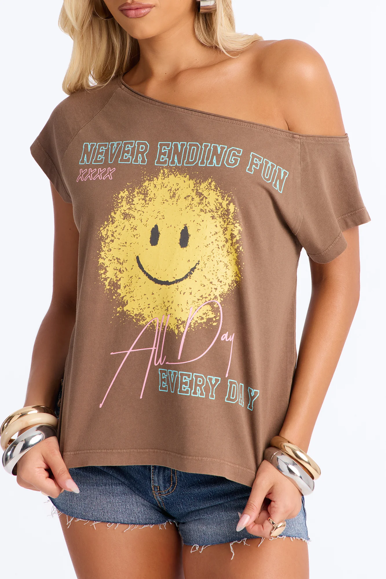 Smiley Face Off Shoulder Tee - Brown - Image 3