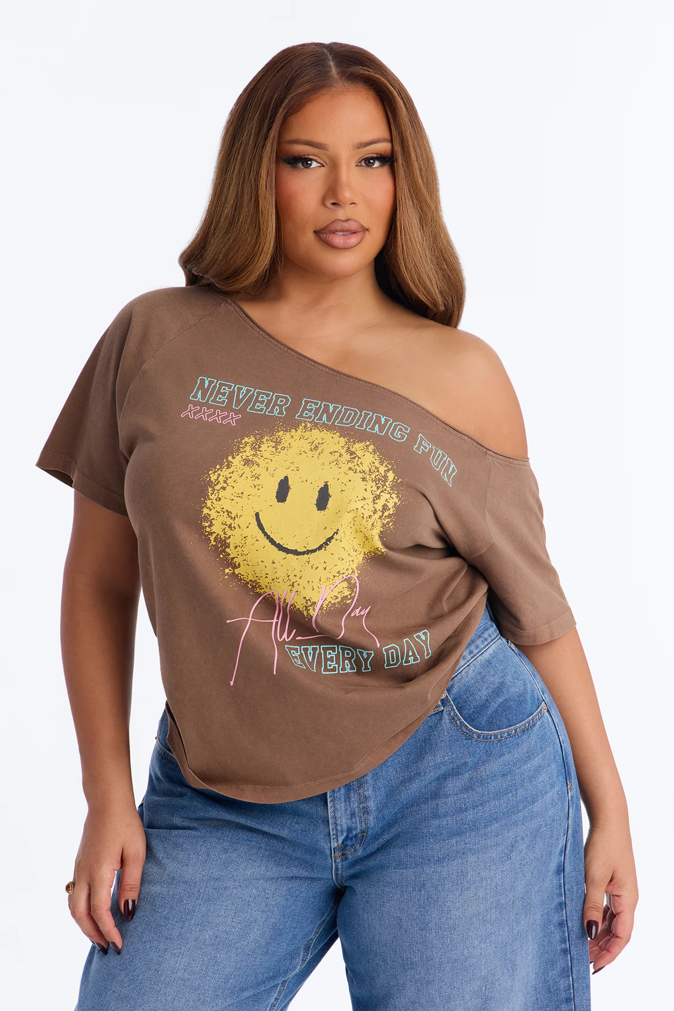 Smiley Face Off Shoulder Tee - Brown - Image 5