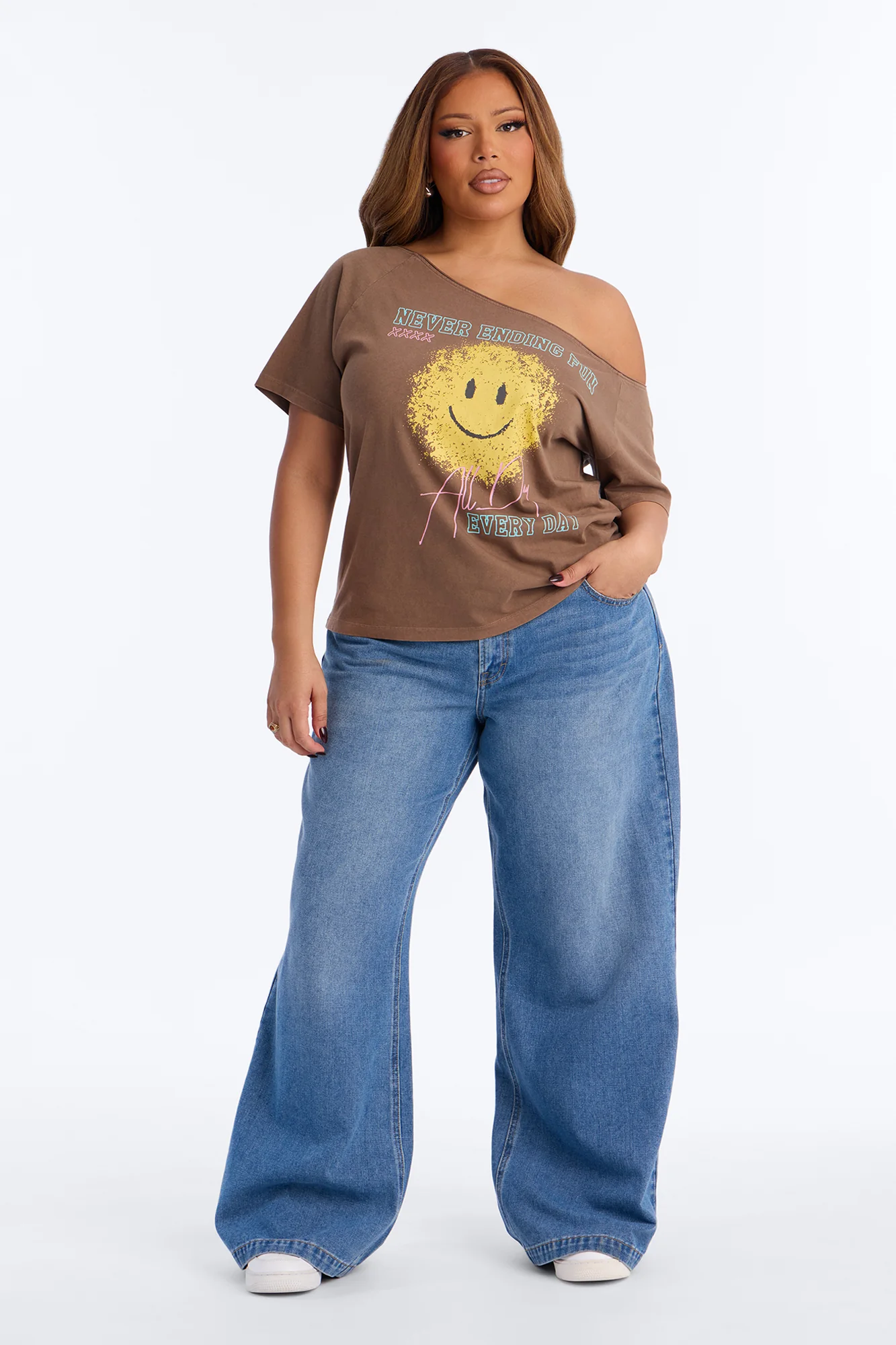 Smiley Face Off Shoulder Tee - Brown - Image 6