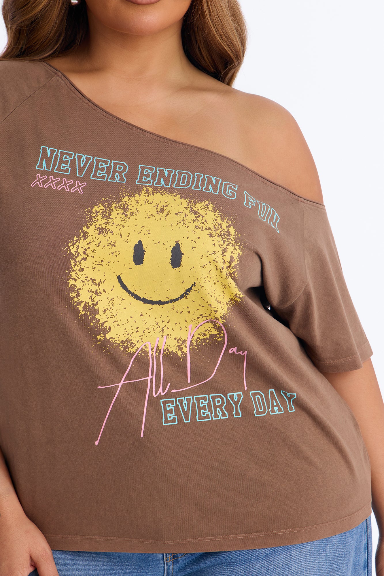 Smiley Face Off Shoulder Tee - Brown - Image 7