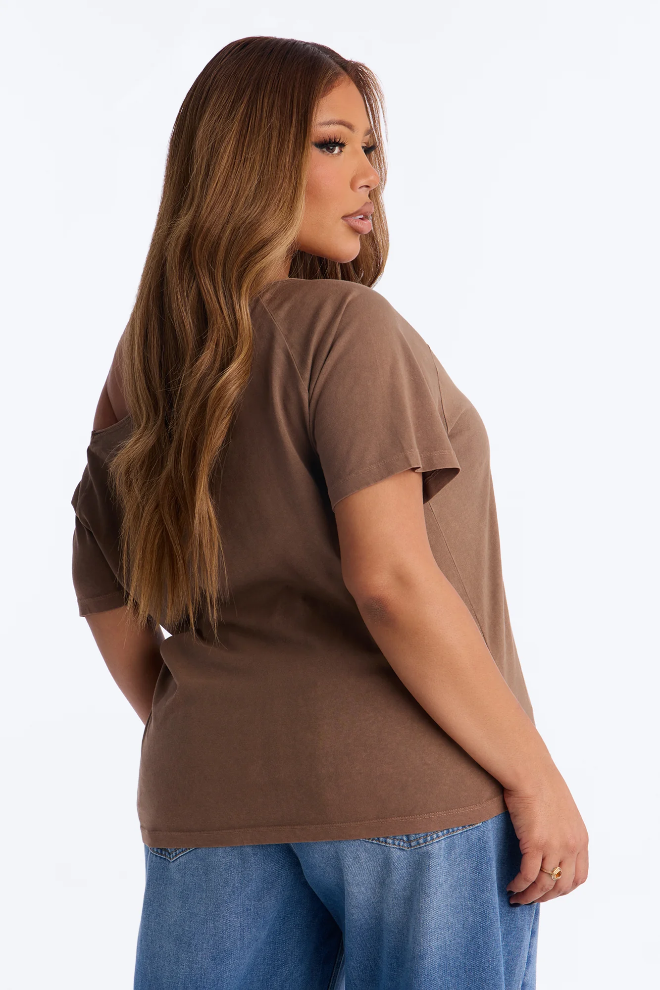 Smiley Face Off Shoulder Tee - Brown - Image 8
