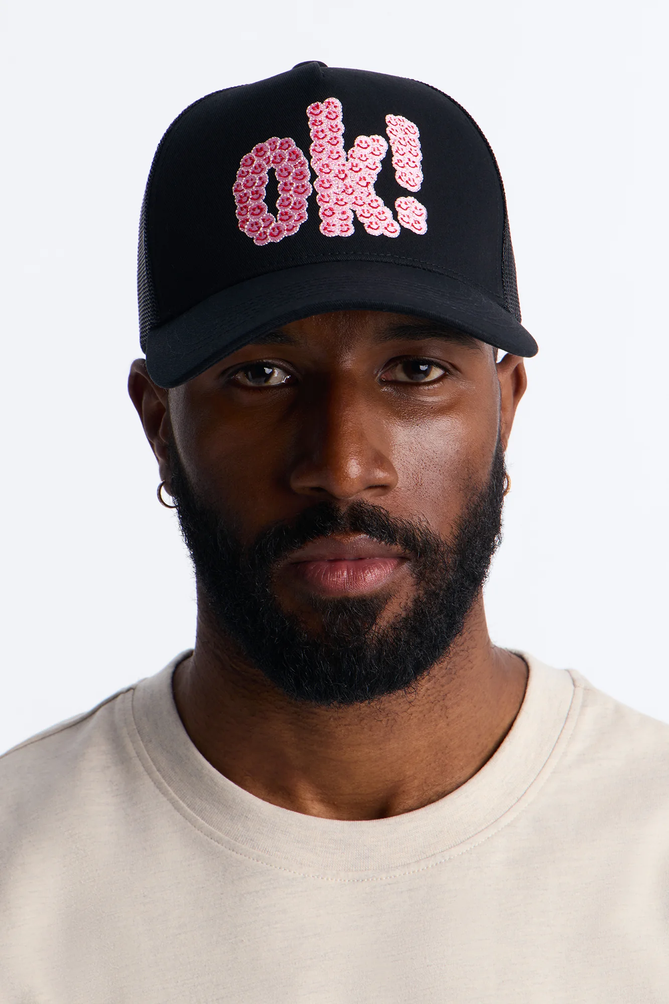 Smiling Ok Patch Snapback Trucker Hat - Black