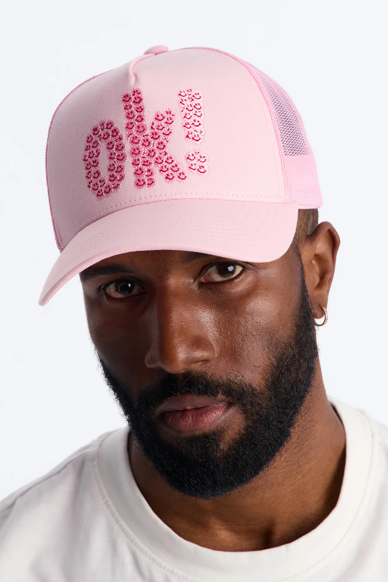 Smiling Ok Patch Snapback Trucker Hat - Light Pink