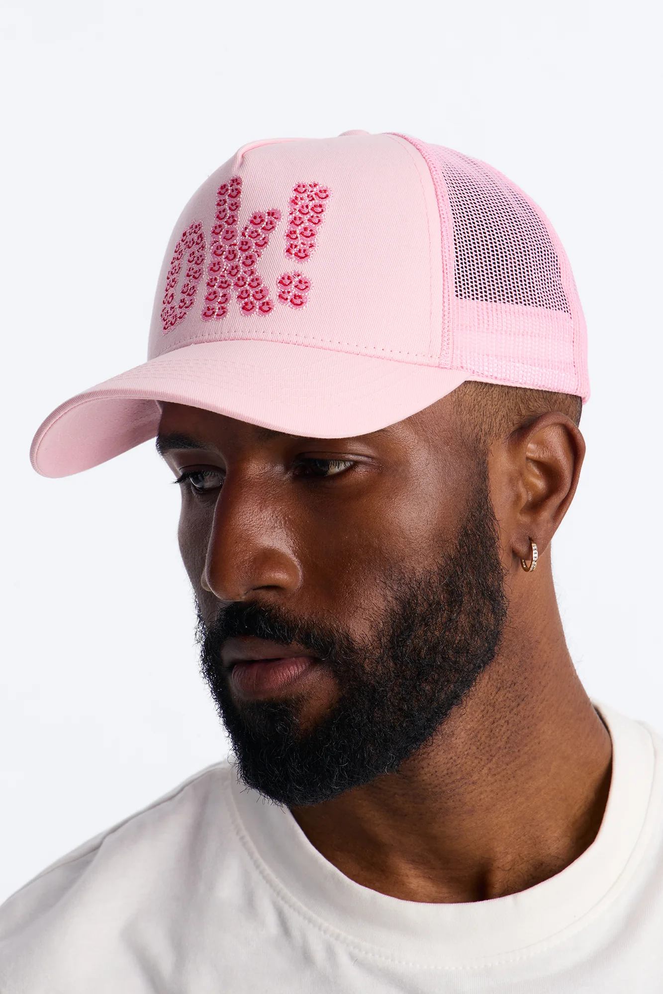 Smiling Ok Patch Snapback Trucker Hat - Light Pink - Image 2