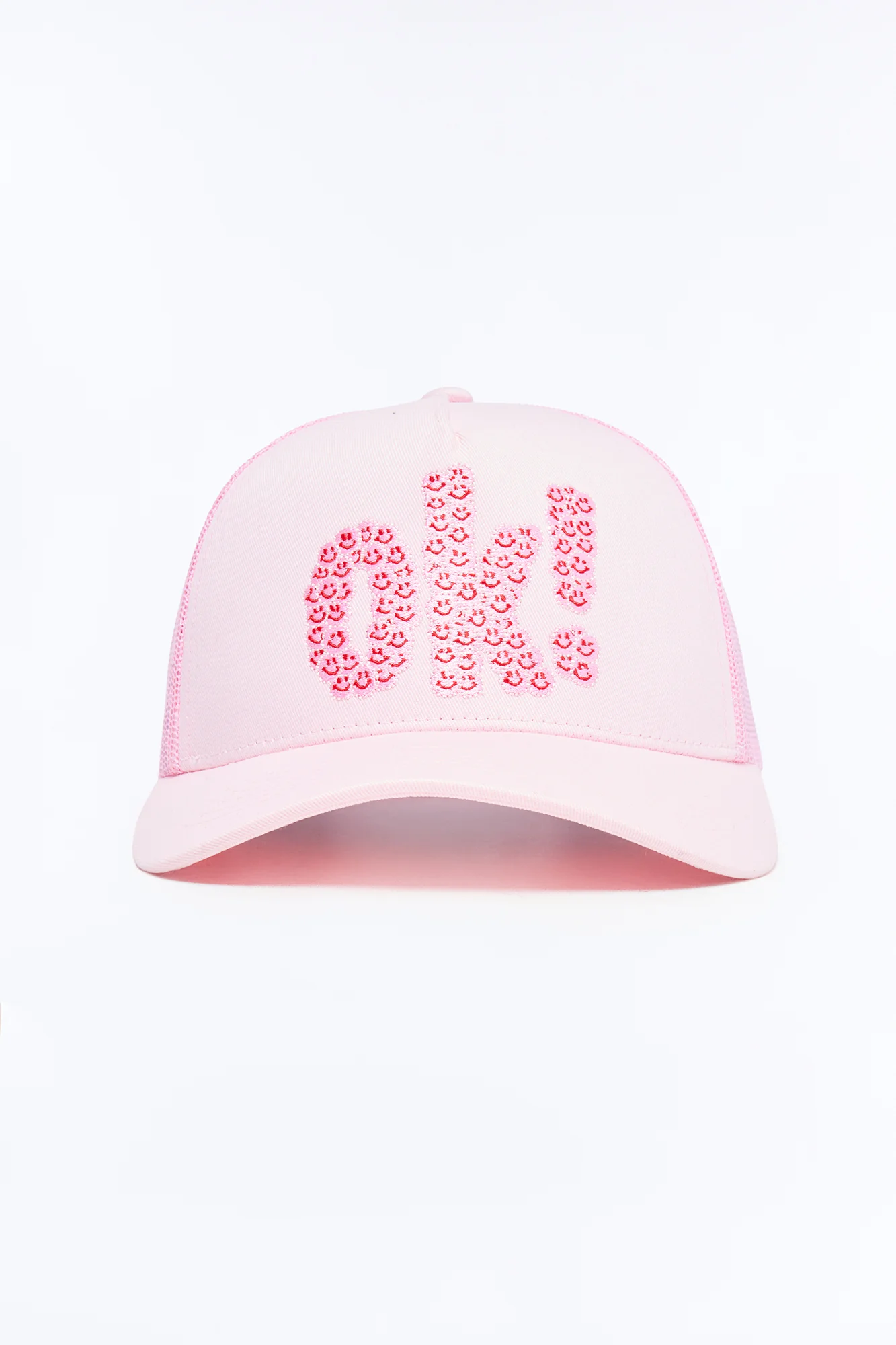 Smiling Ok Patch Snapback Trucker Hat - Light Pink - Image 3