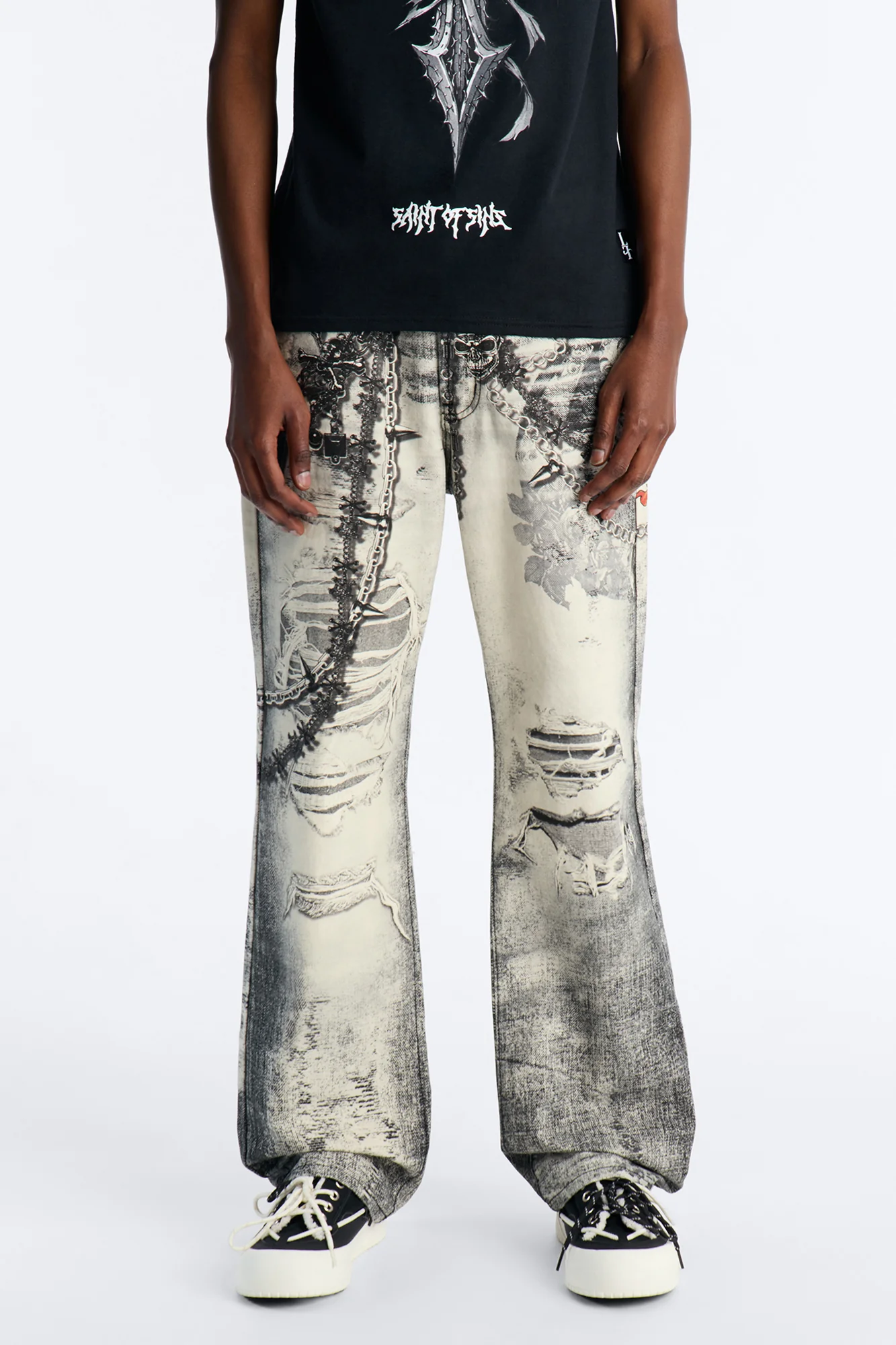 Smoke N Chains Printed Baggy Jean - Acid Wash Black