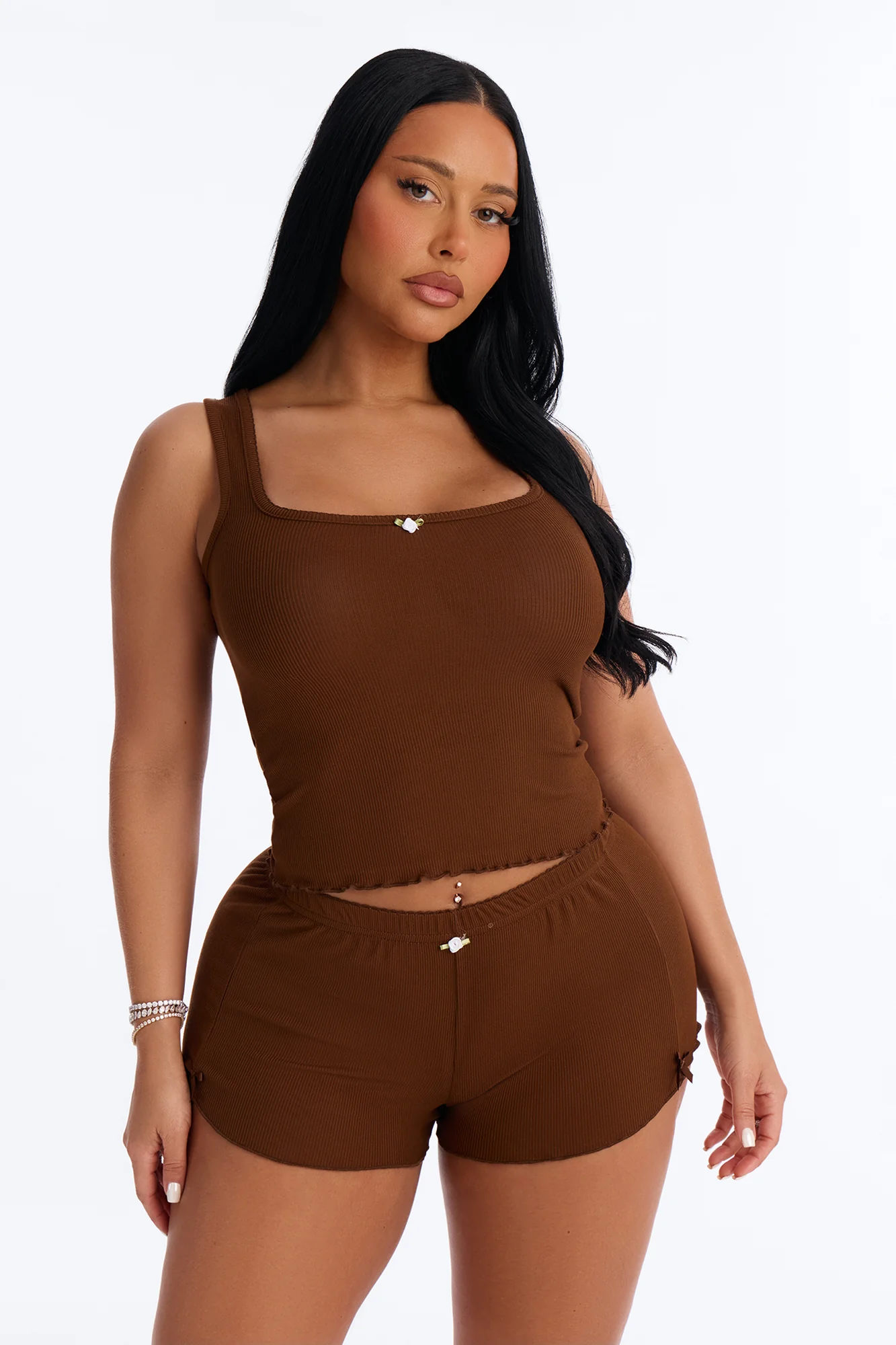 Smooth To Touch Ribbed PJ Short Set - Chocolate