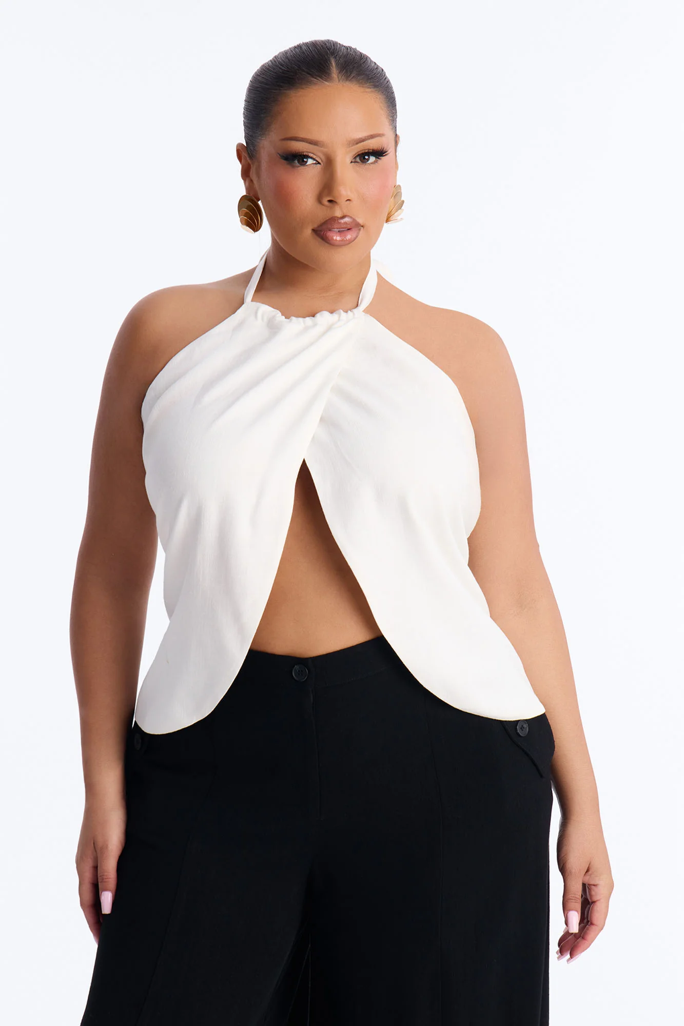 Snack First Wrap Over Linen Halter Top - White - Image 5