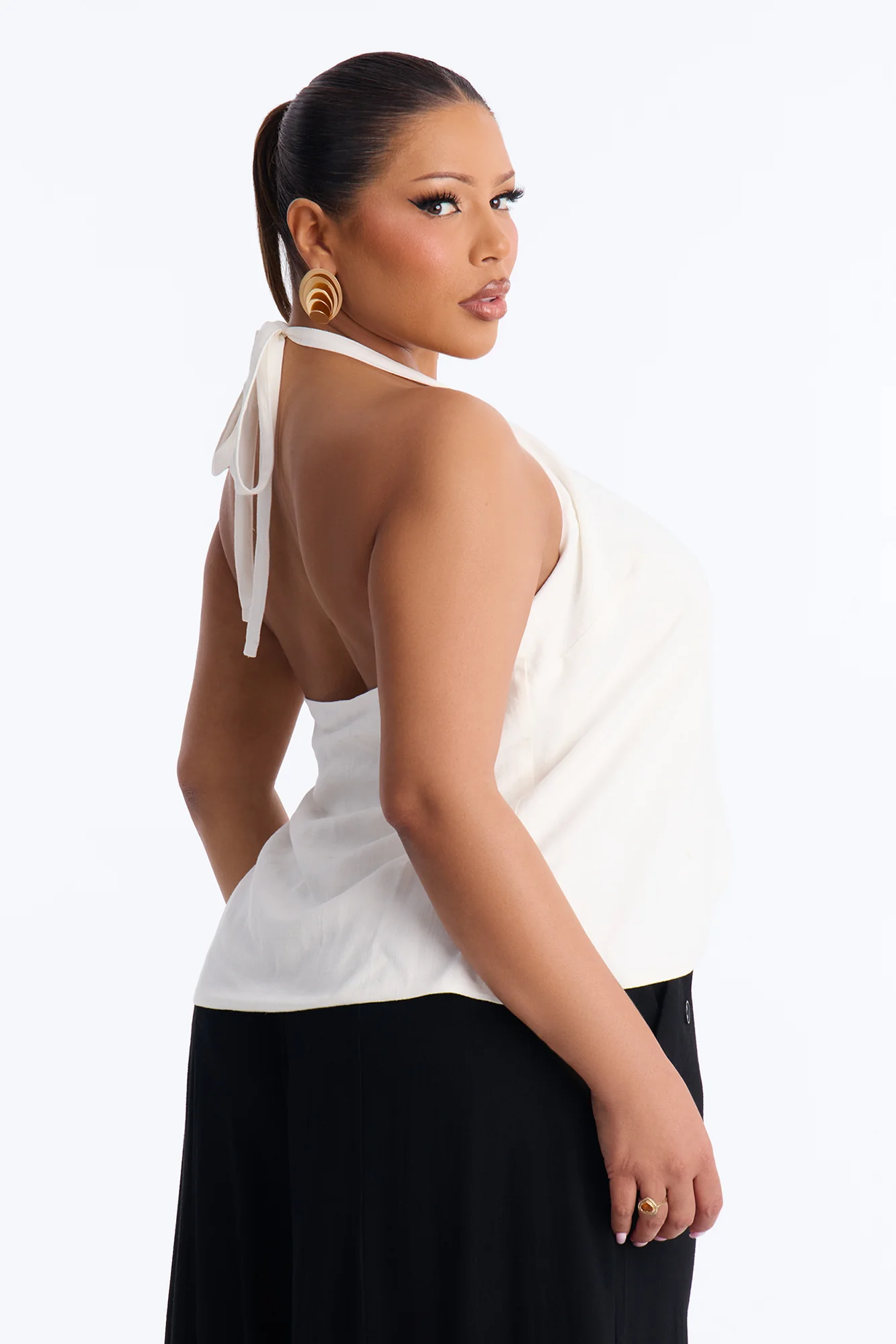 Snack First Wrap Over Linen Halter Top - White - Image 7