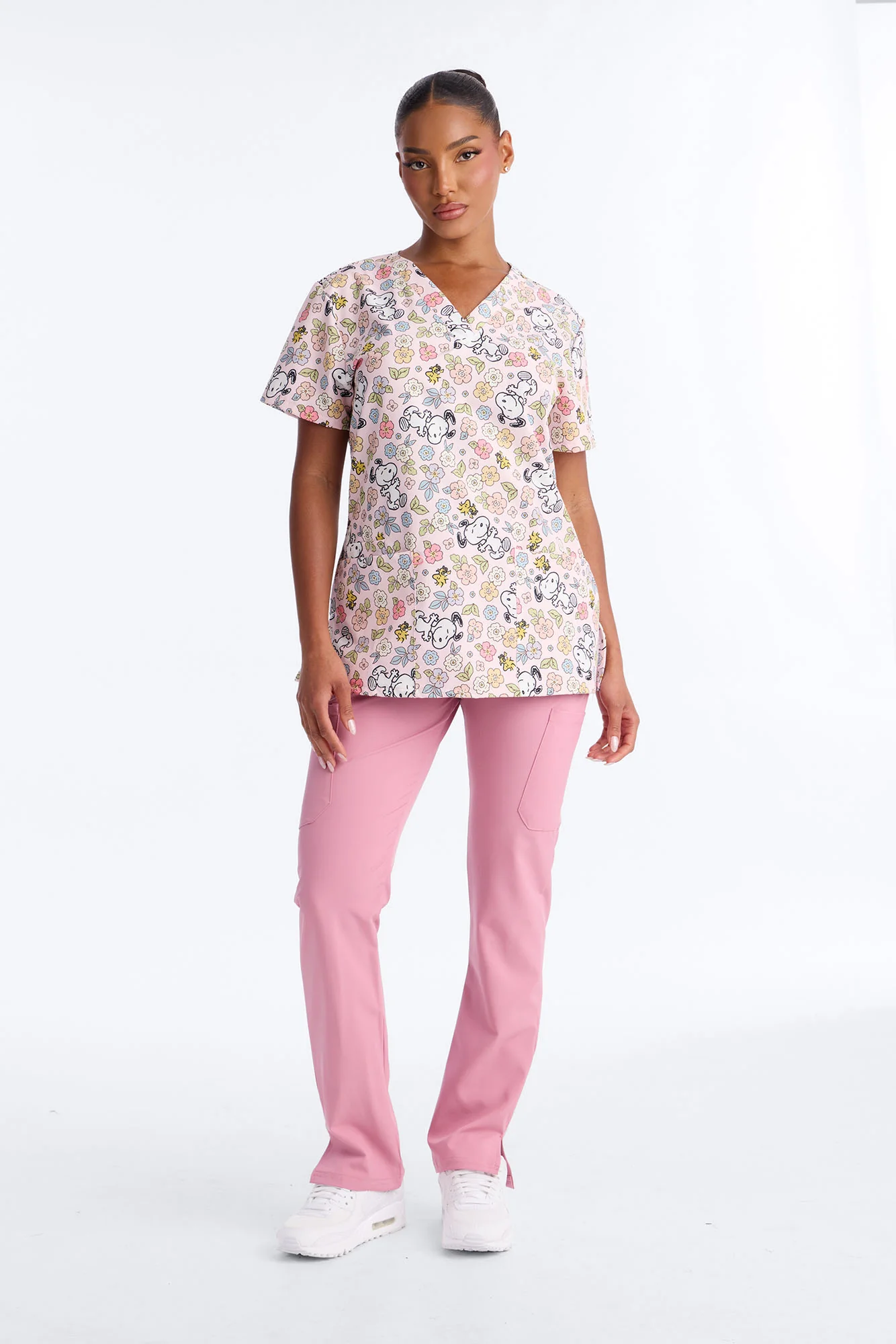 Snoopy & Peanut's Garden Floral V-Neck Scrub Top - Pink/combo - Image 2