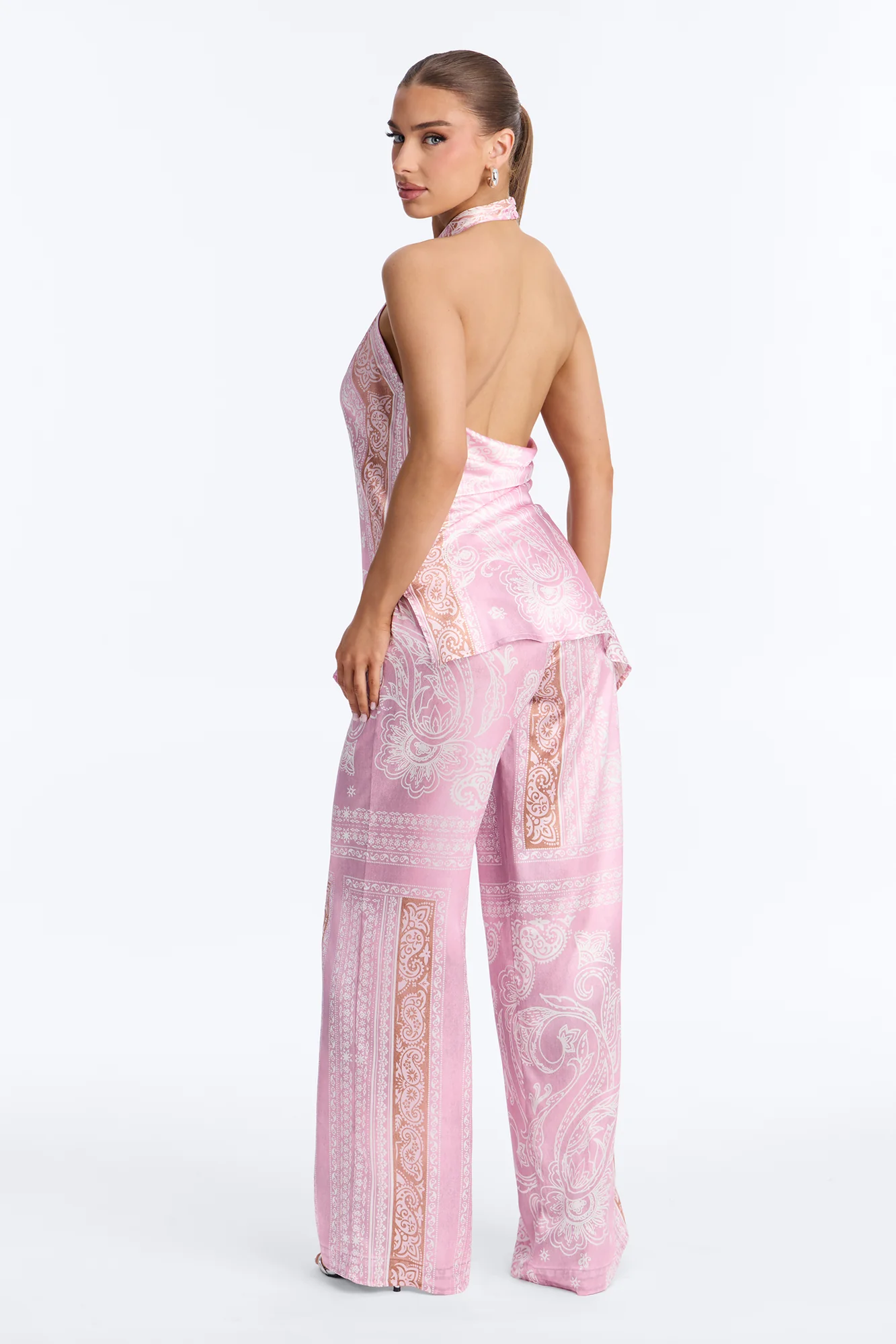 So Classy Hi Neck Paisley Satin Pant Set - Pink - Image 5