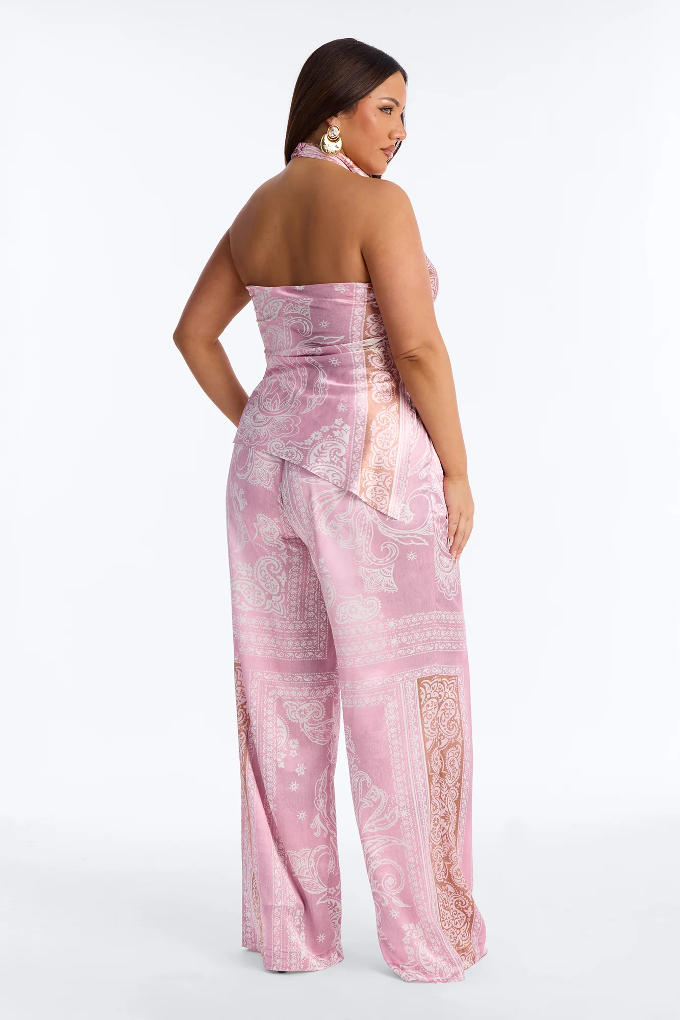 So Classy Hi Neck Paisley Satin Pant Set - Pink - Image 8