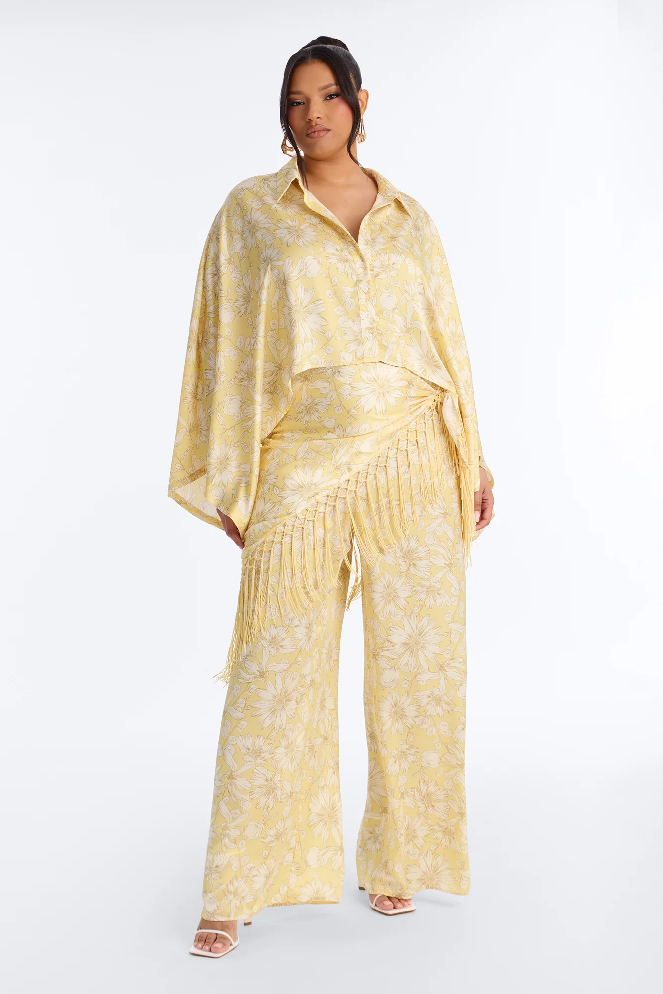 So Soft Floral Satin 3 Piece Pant Set - Yellow - Image 5