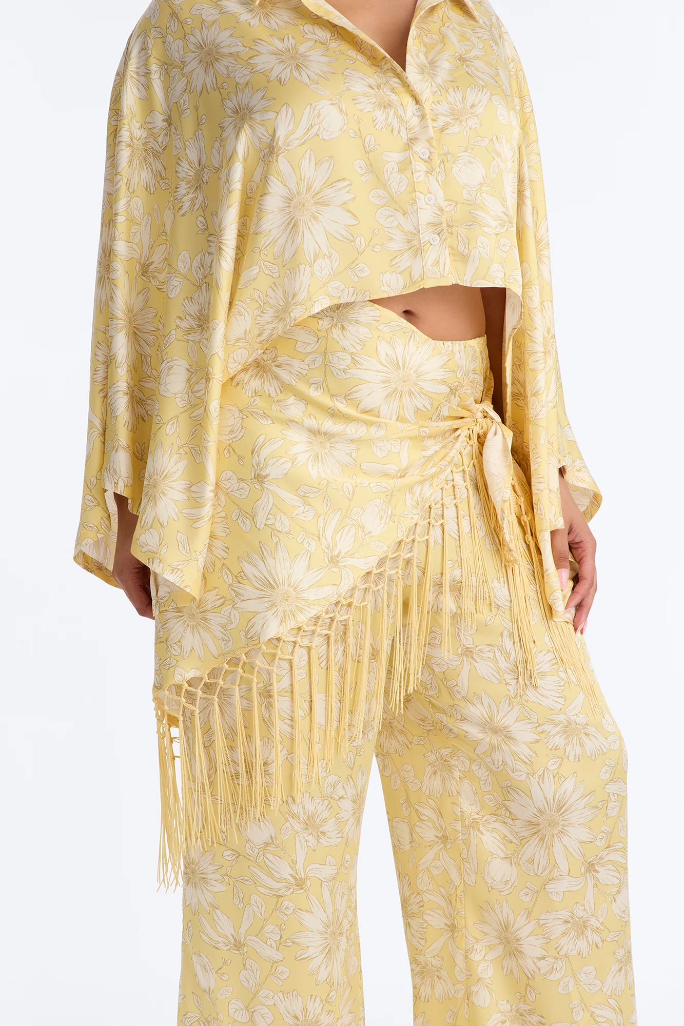So Soft Floral Satin 3 Piece Pant Set - Yellow - Image 7