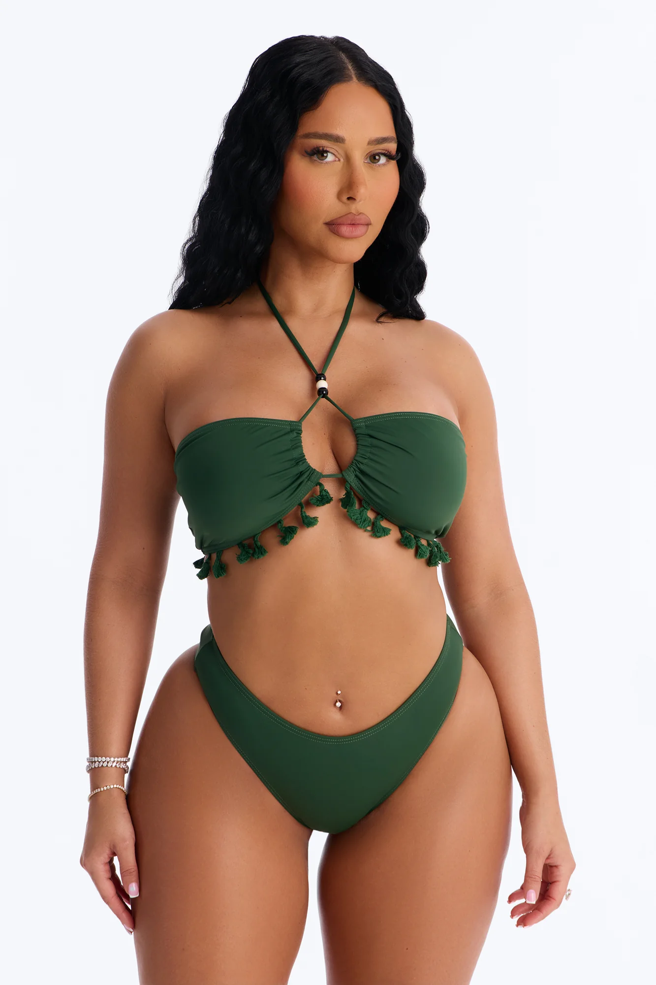 Soaking It In 3 Piece Tassel Bandeau Bikini & Cover Up Sarong Sunsuit - Olive - Image 3