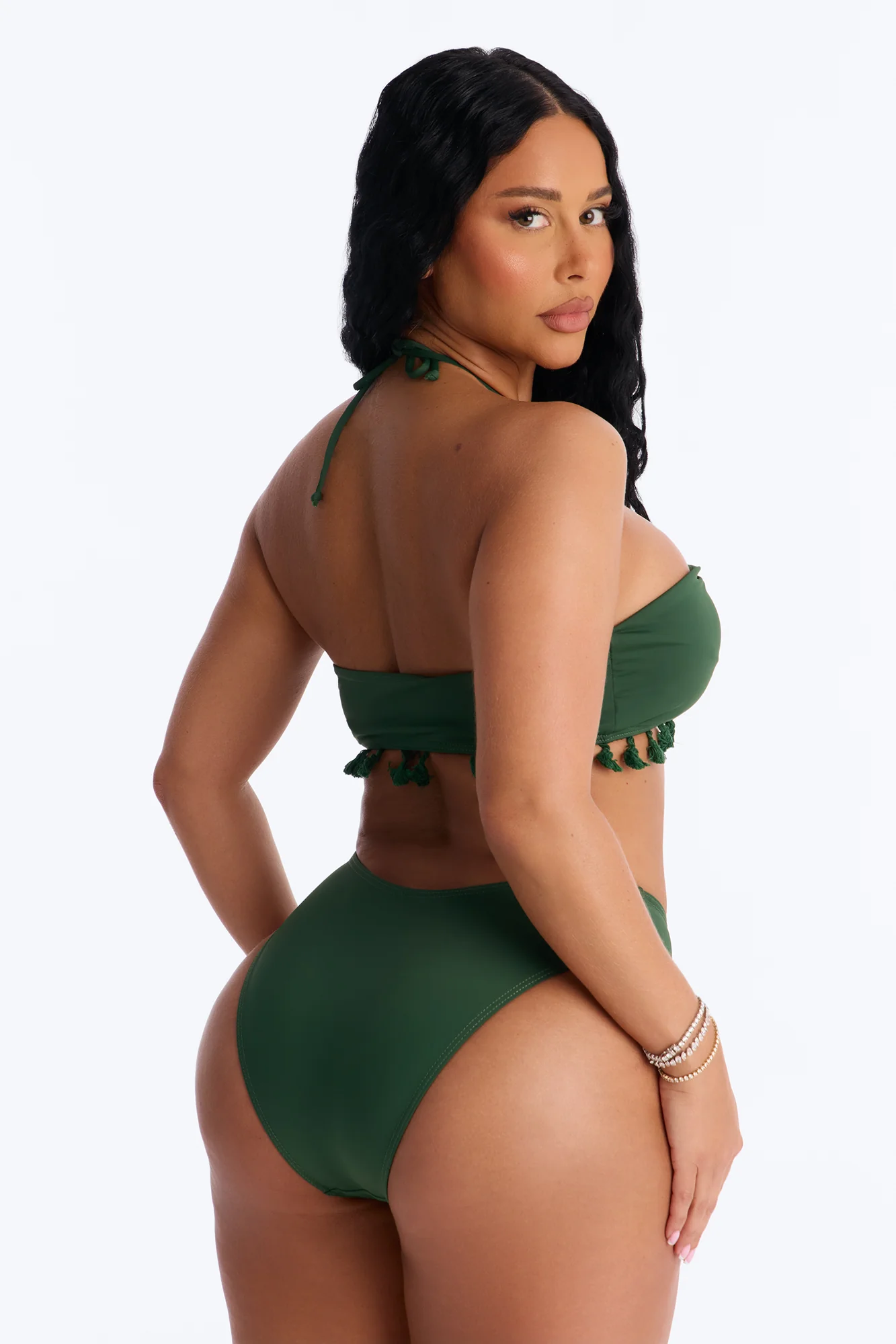 Soaking It In 3 Piece Tassel Bandeau Bikini & Cover Up Sarong Sunsuit - Olive - Image 5