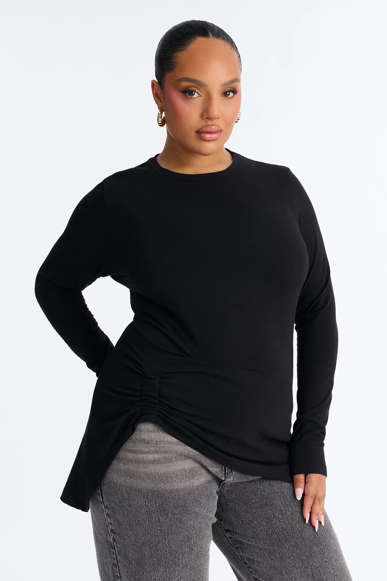 Soft Allure Ruched Asymmetrical Long Sleeve Top - Black - Image 4
