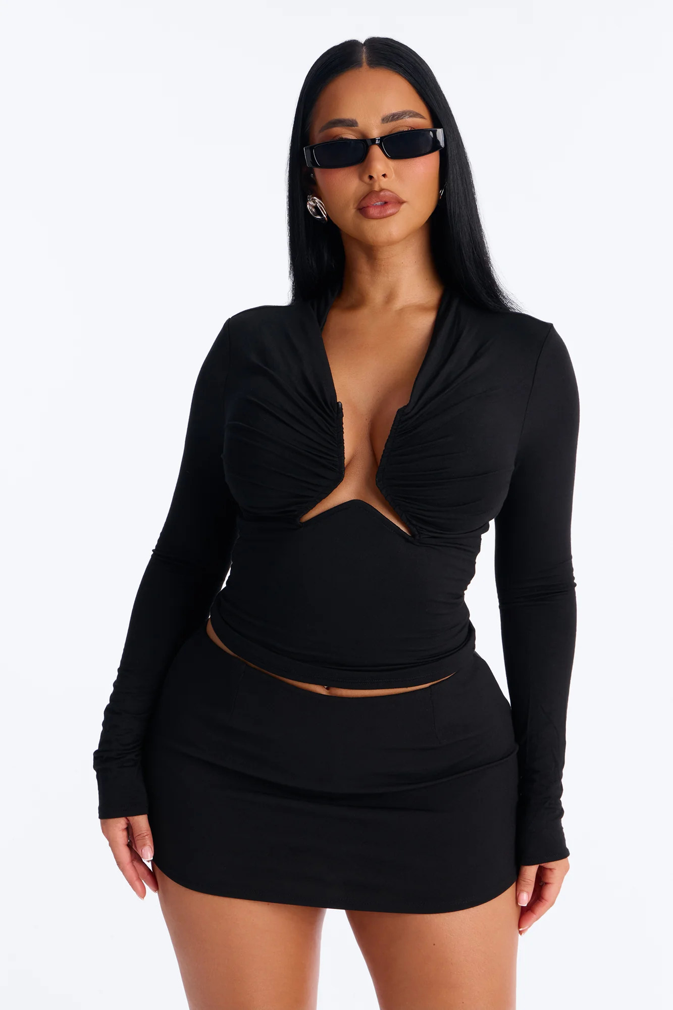 Soft Focus Ruched Long Sleeve Top - Black