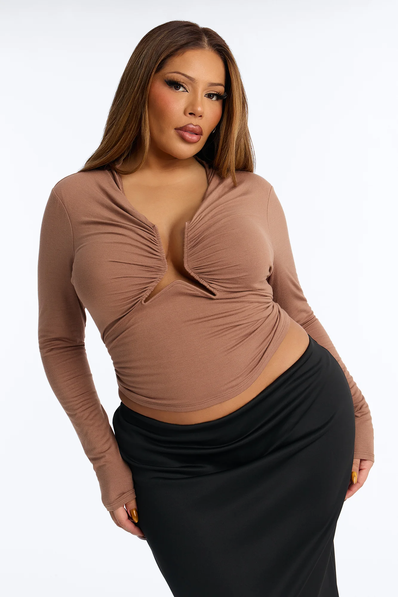 Soft Focus Ruched Long Sleeve Top - Mocha - Image 5