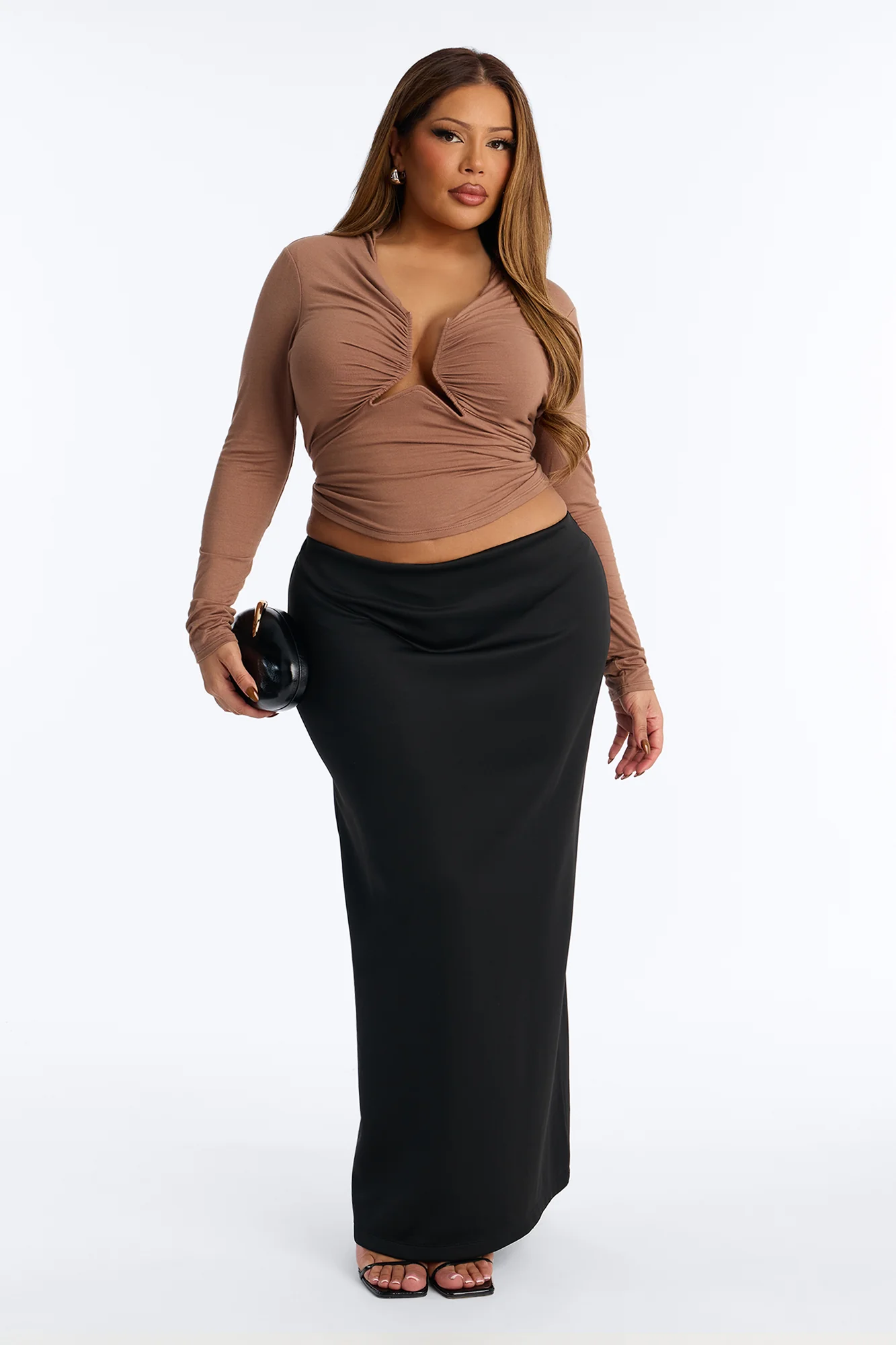 Soft Focus Ruched Long Sleeve Top - Mocha - Image 6