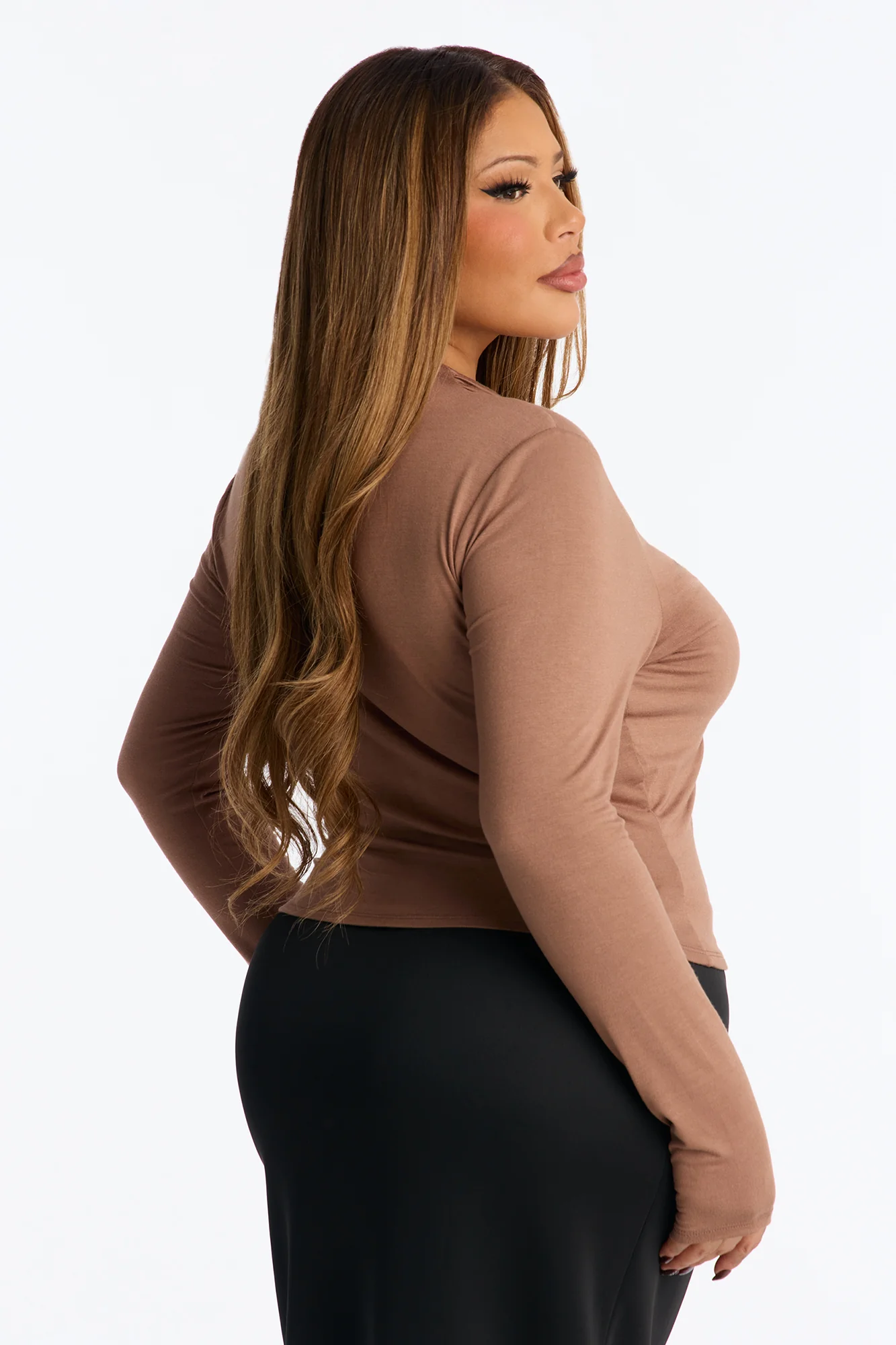 Soft Focus Ruched Long Sleeve Top - Mocha - Image 8