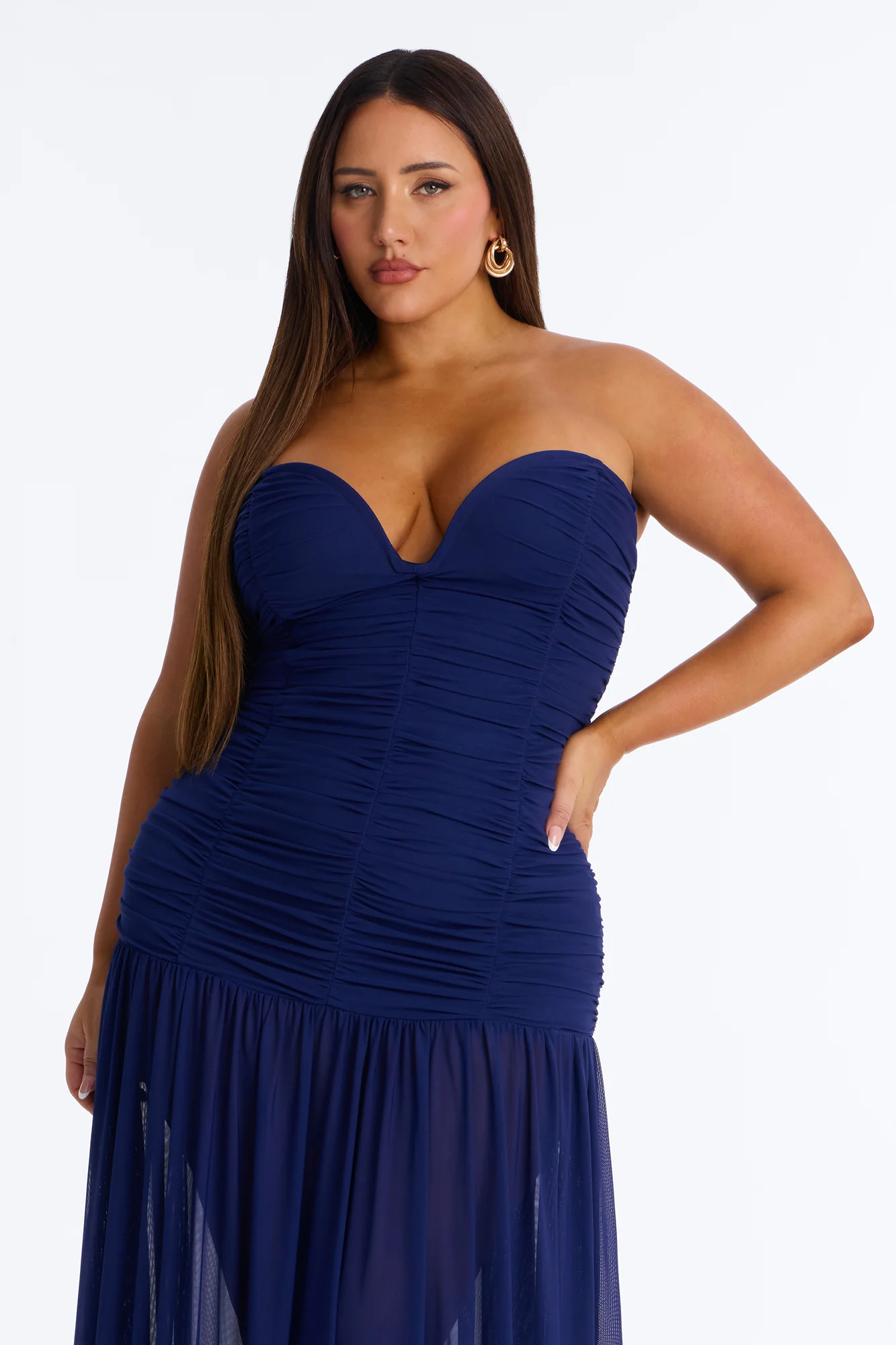 Soft Glam Ruched Mesh Gown - Navy - Image 6