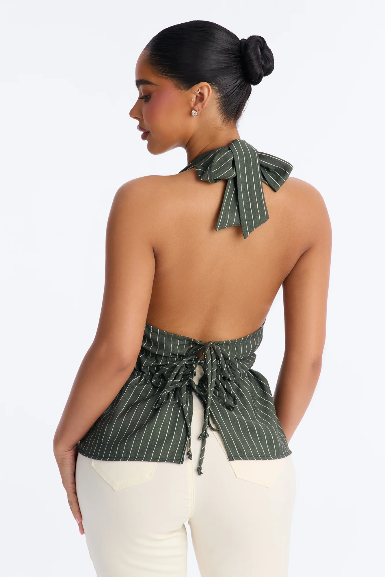 Soft Haze Linen Pinstripe Halter Top - Olive/combo - Image 3