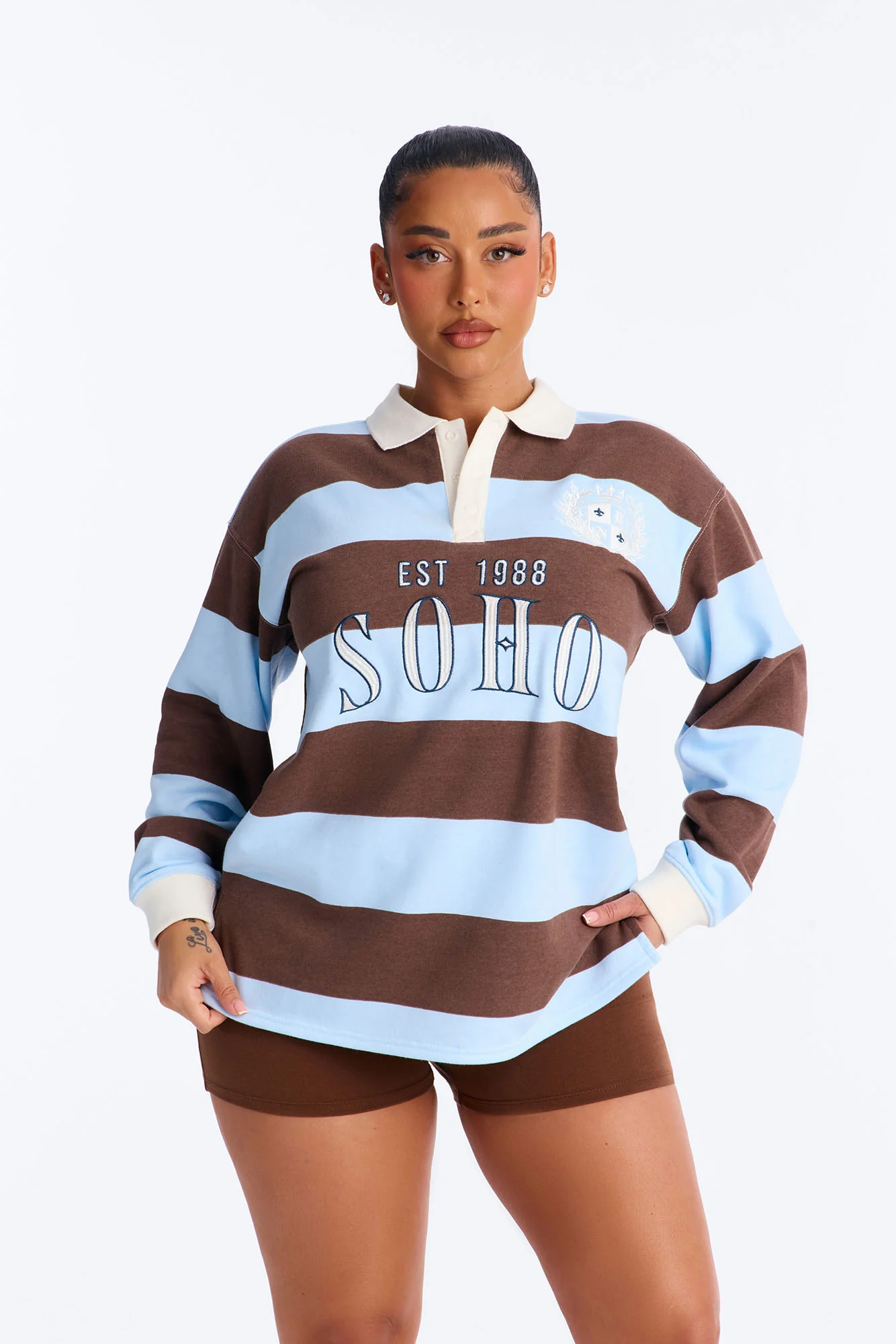 Soho Stripe Polo Fold Over Waistband Short Set - Brown Combo - Image 2