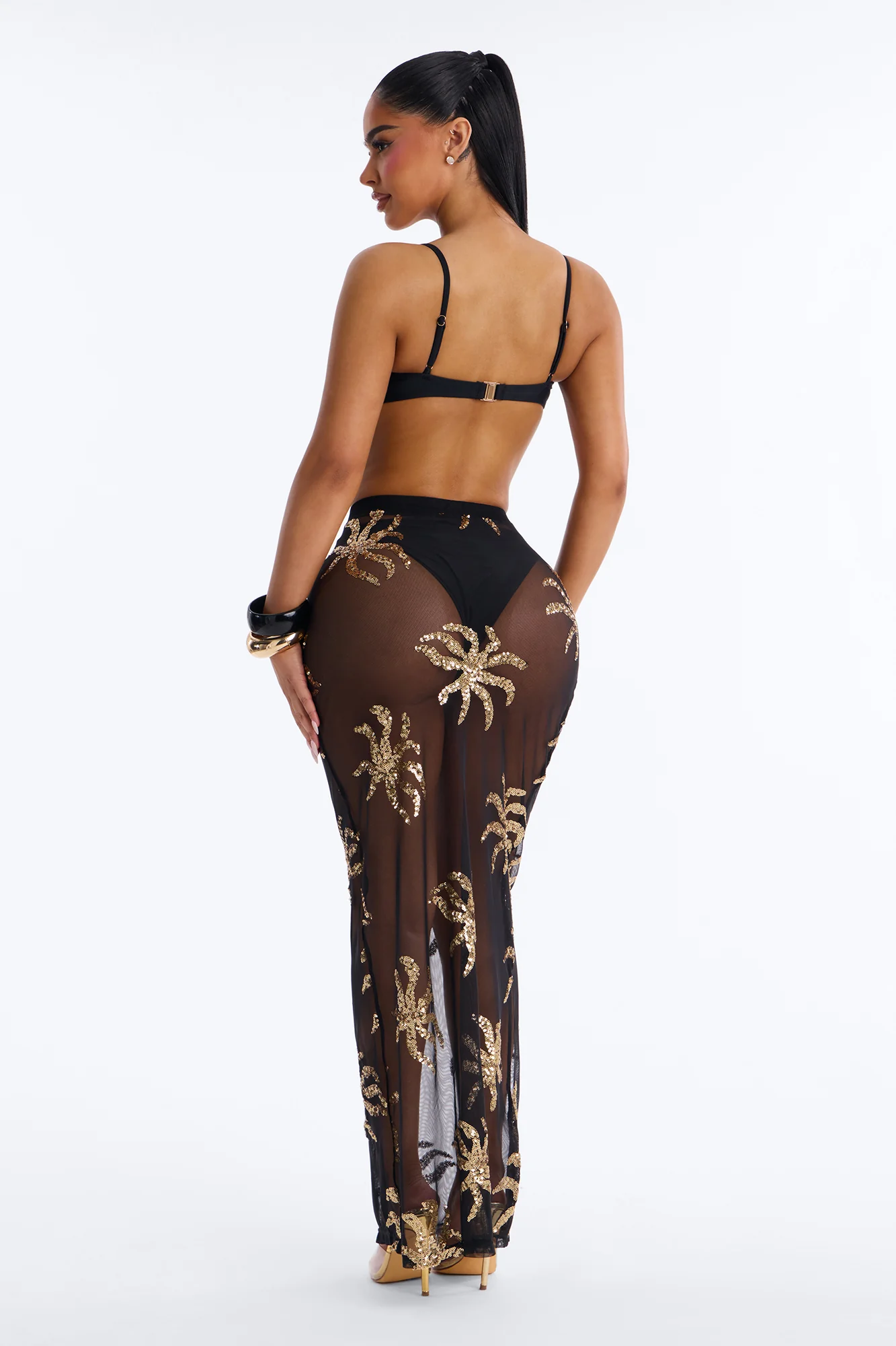 Solana 2 Piece Sequin Bandeau Bikini & Cover Up Skirt Sunsuit - Black/Gold - Image 6